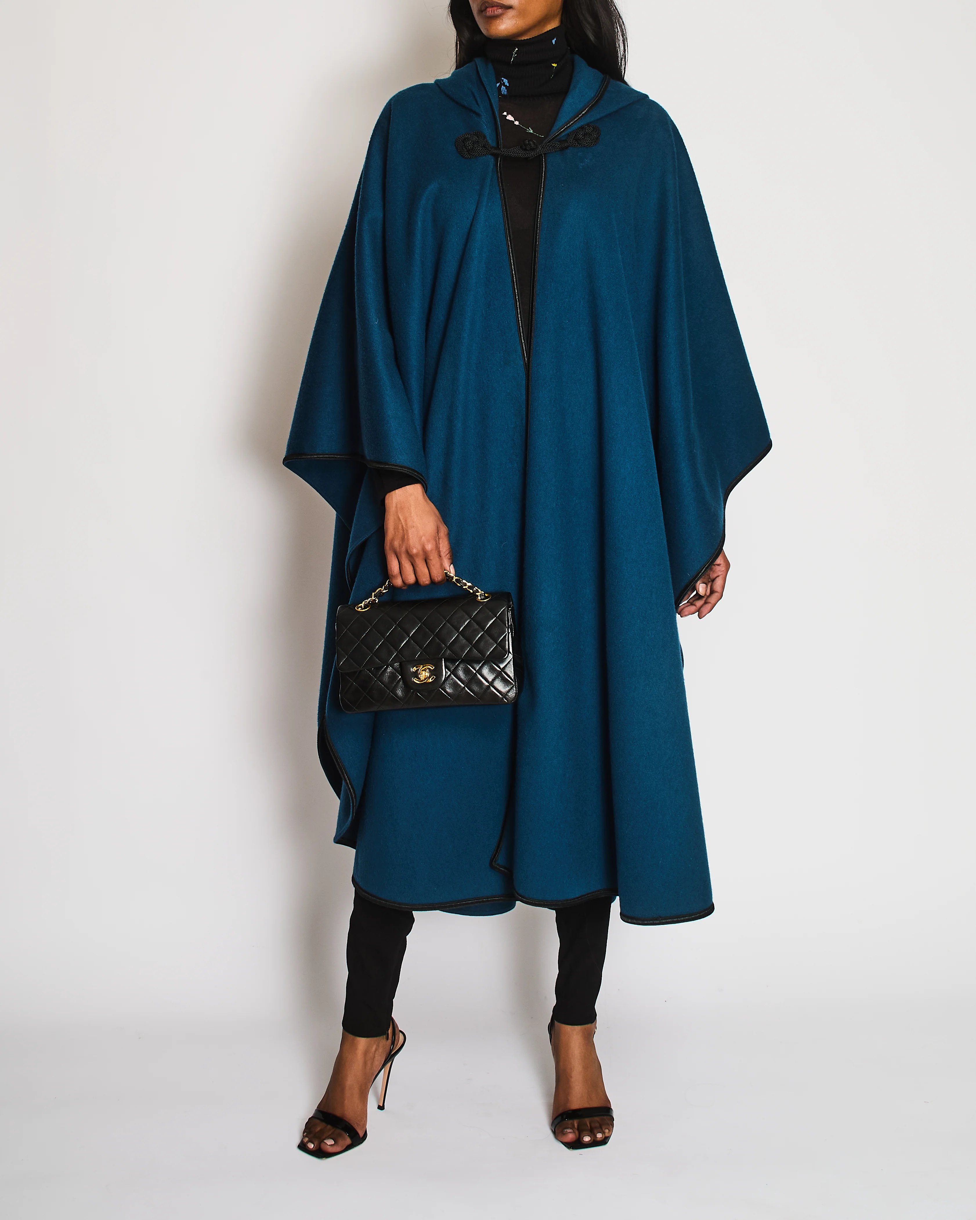 *VINTAGE* YSL Teal Wool Cape with Hood and Toggle Fastening Size O/S