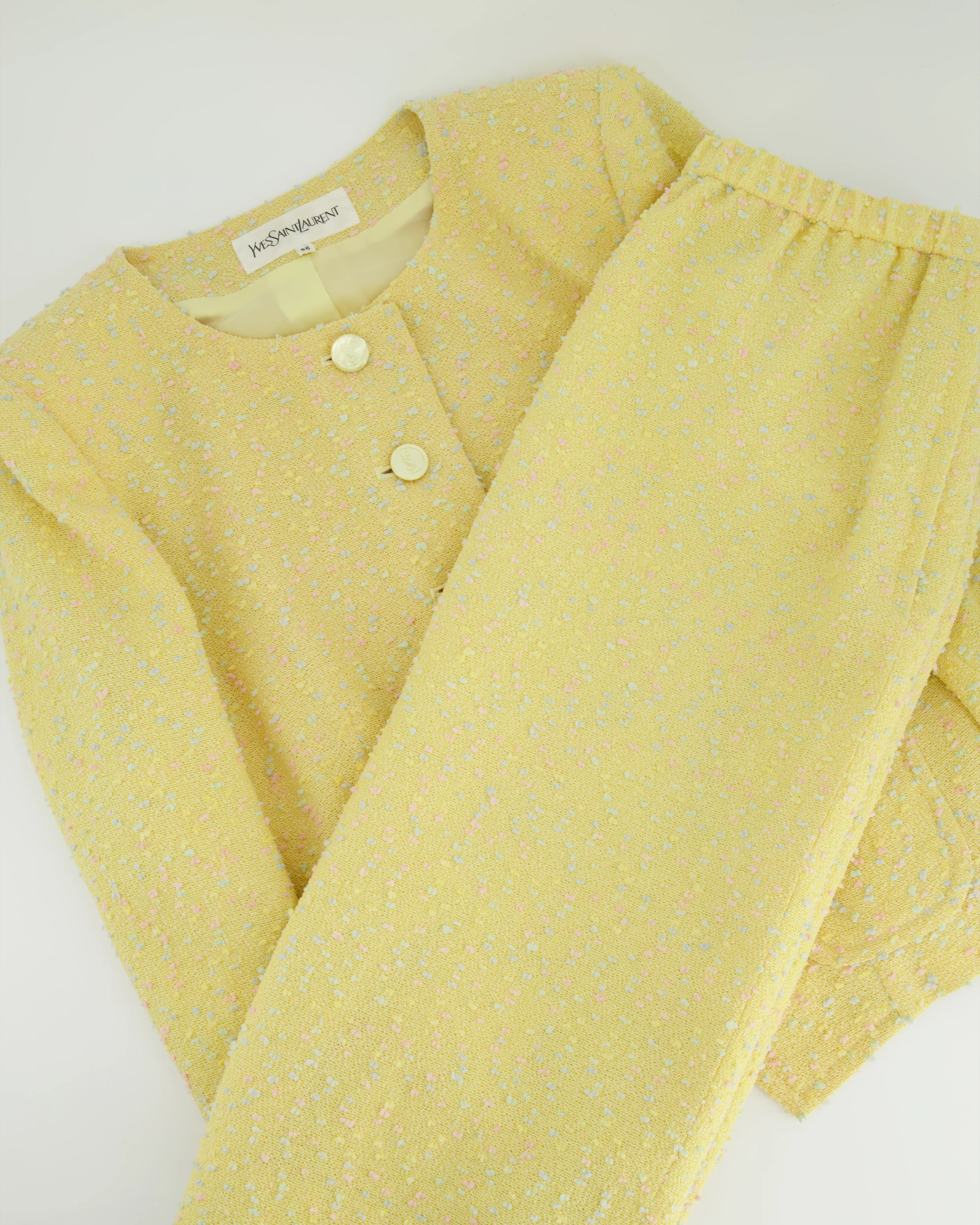 Yves Saint Laurent Pastel Yellow, Pink and Blue Tweed Jacket and Skirt Set Detail Size FR 36 (UK 8) - Image 10