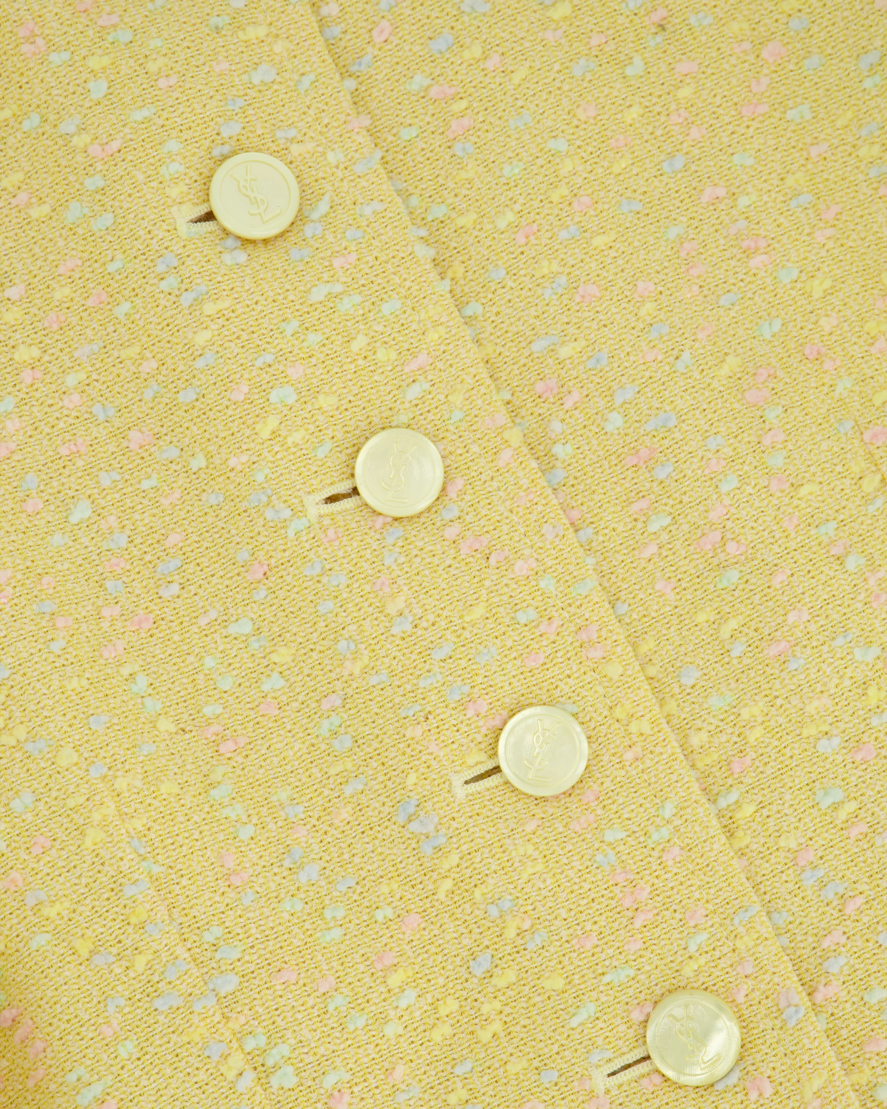 Yves Saint Laurent Pastel Yellow, Pink and Blue Tweed Jacket and Skirt Set Detail Size FR 36 (UK 8) - Image 11