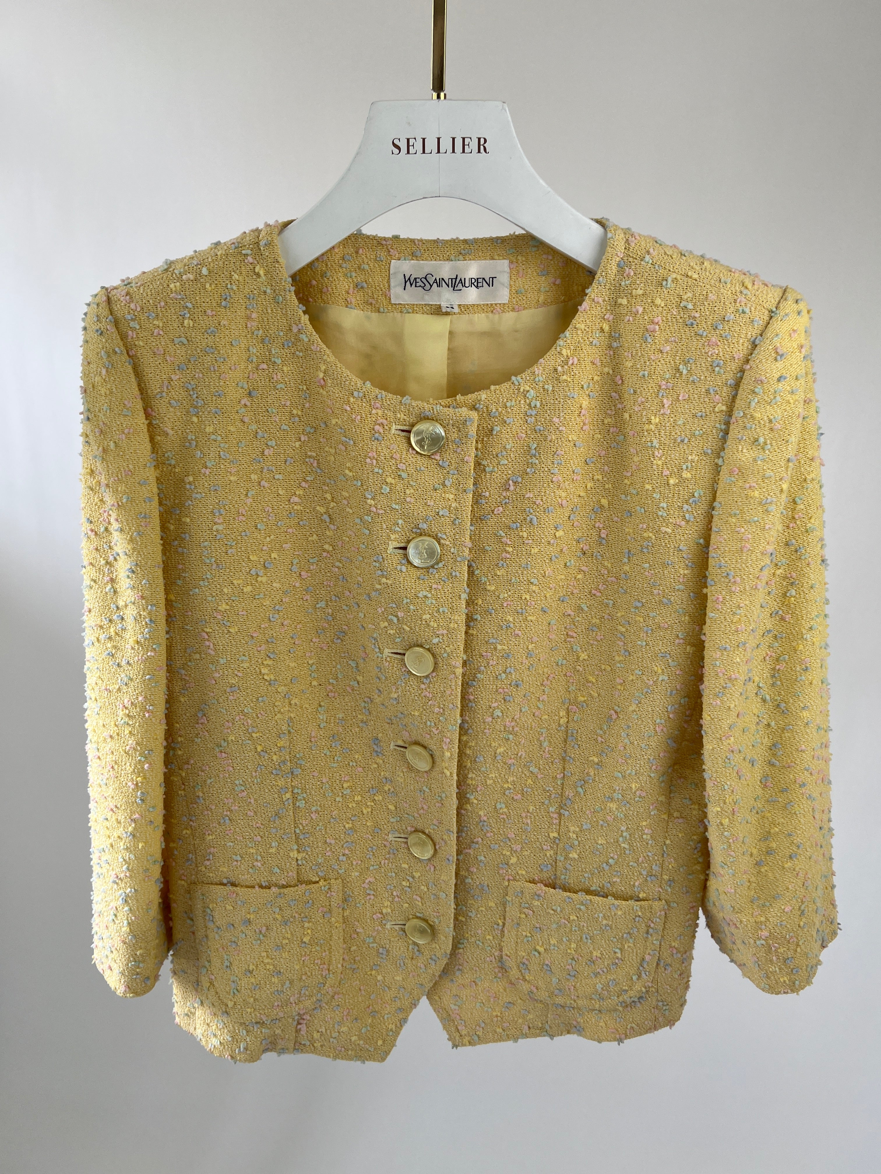 Yves Saint Laurent Pastel Yellow, Pink and Blue Tweed Jacket and Skirt Set Detail Size FR 36 (UK 8) - Image 16