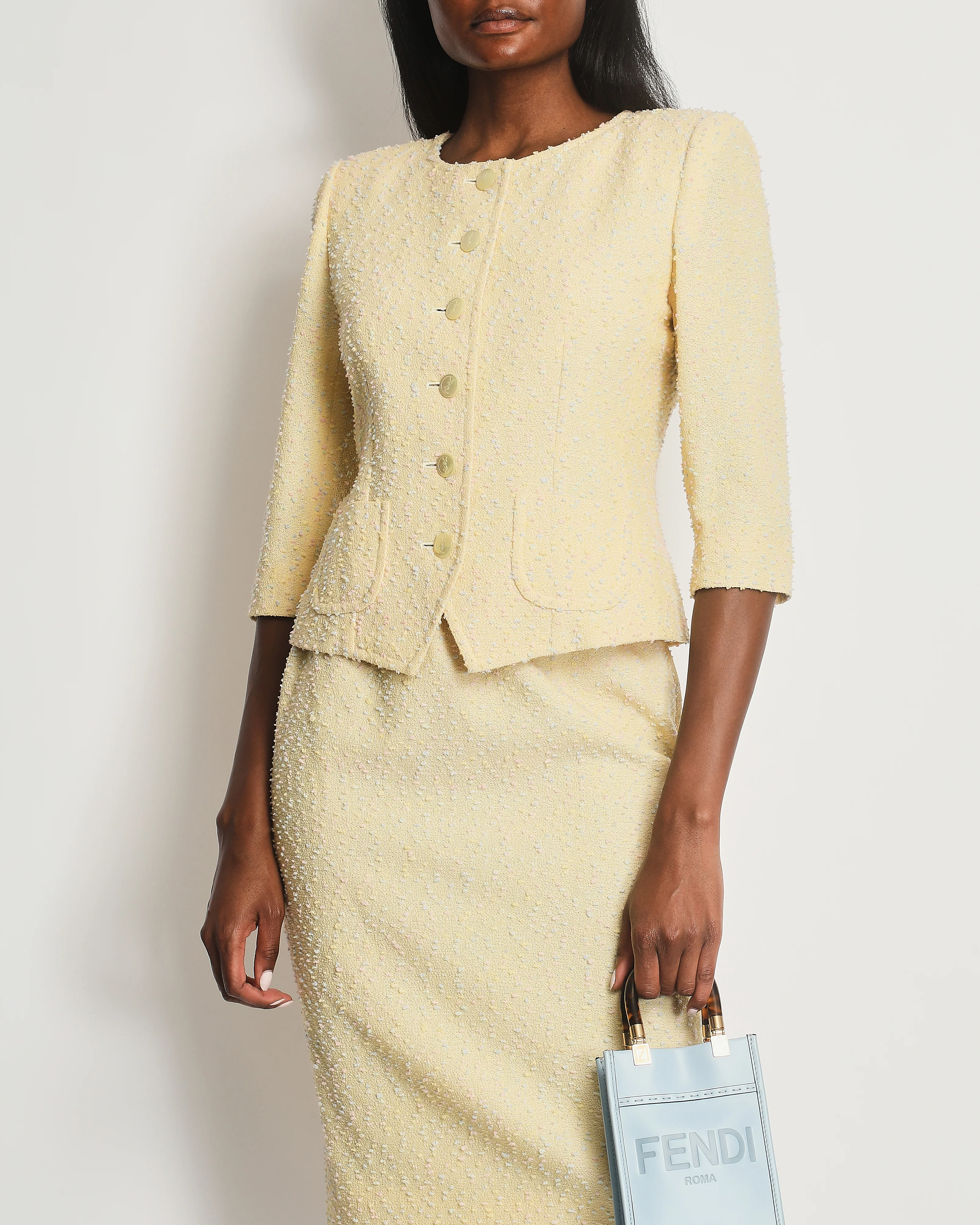 Yves Saint Laurent Pastel Yellow, Pink and Blue Tweed Jacket and Skirt Set Detail Size FR 36 (UK 8) - Image 3