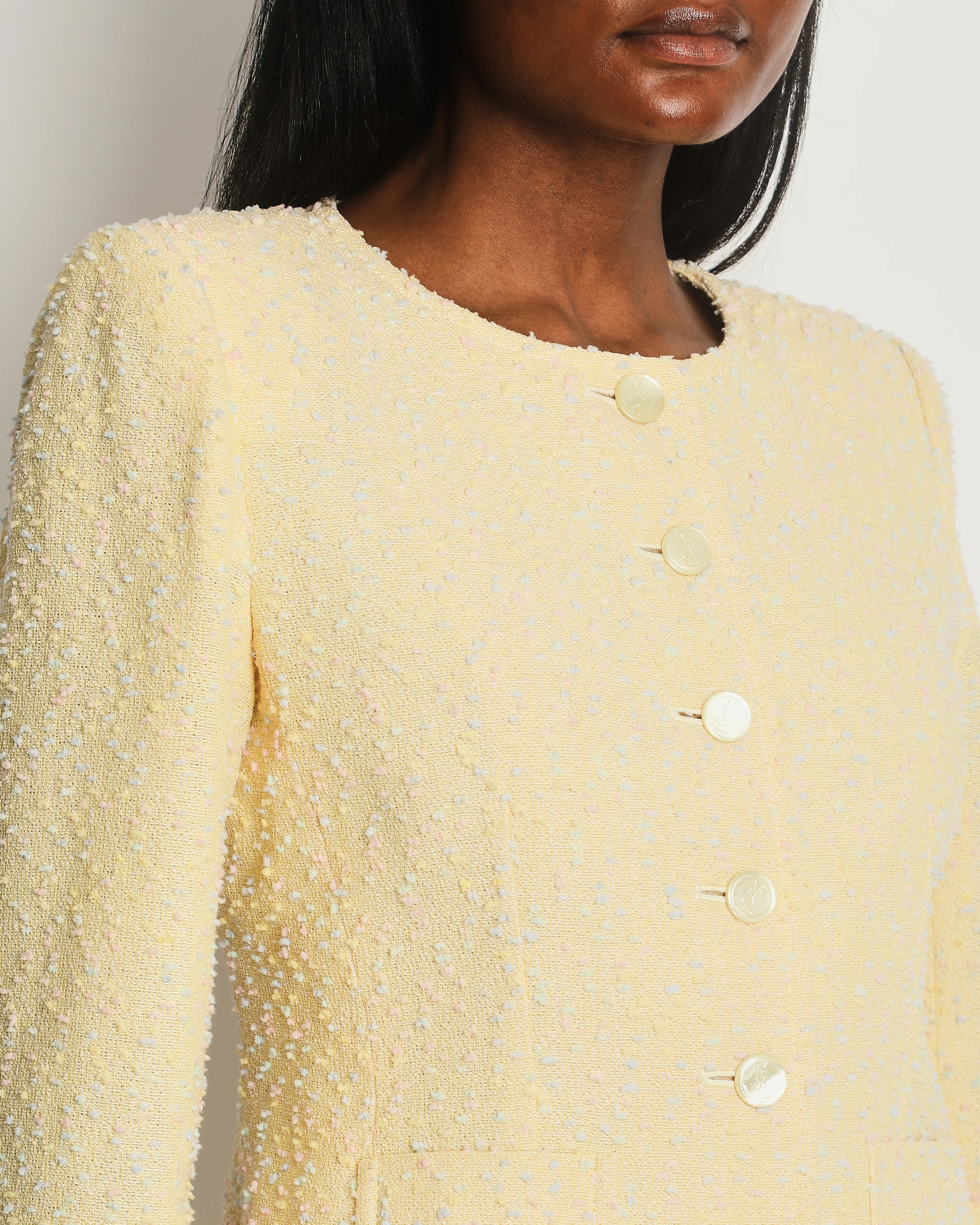 Yves Saint Laurent Pastel Yellow, Pink and Blue Tweed Jacket and Skirt Set Detail Size FR 36 (UK 8) - Image 4