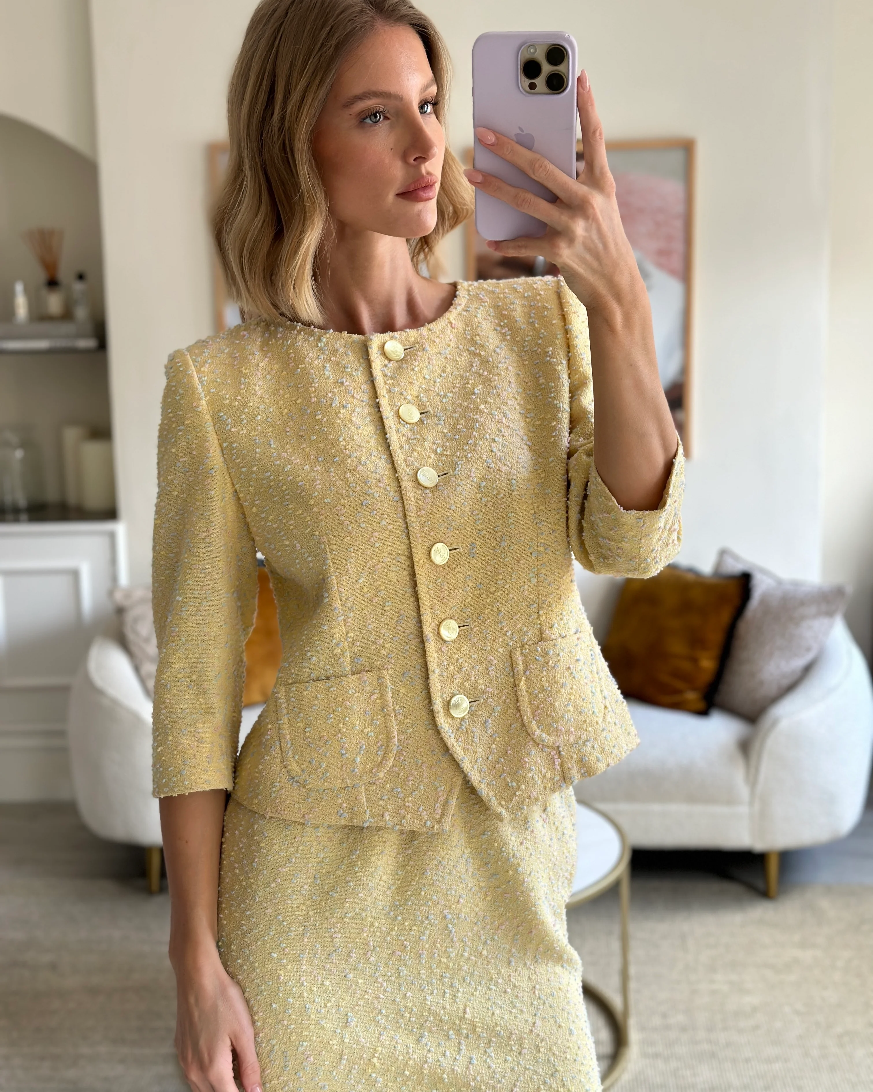 Yves Saint Laurent Pastel Yellow, Pink and Blue Tweed Jacket and Skirt Set Detail Size FR 36 (UK 8) - Image 8