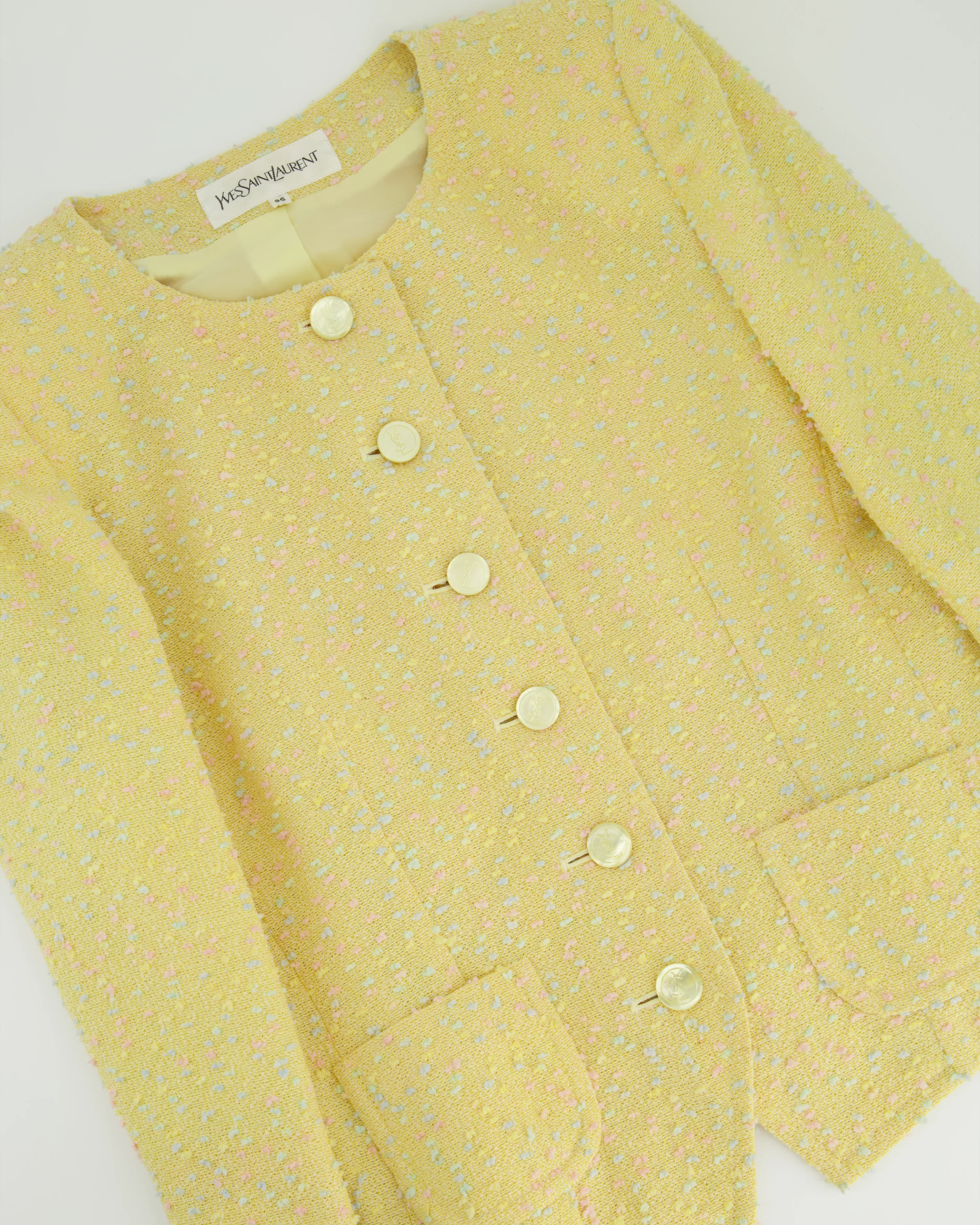 Yves Saint Laurent Pastel Yellow, Pink and Blue Tweed Jacket and Skirt Set Detail Size FR 36 (UK 8) - Image 9