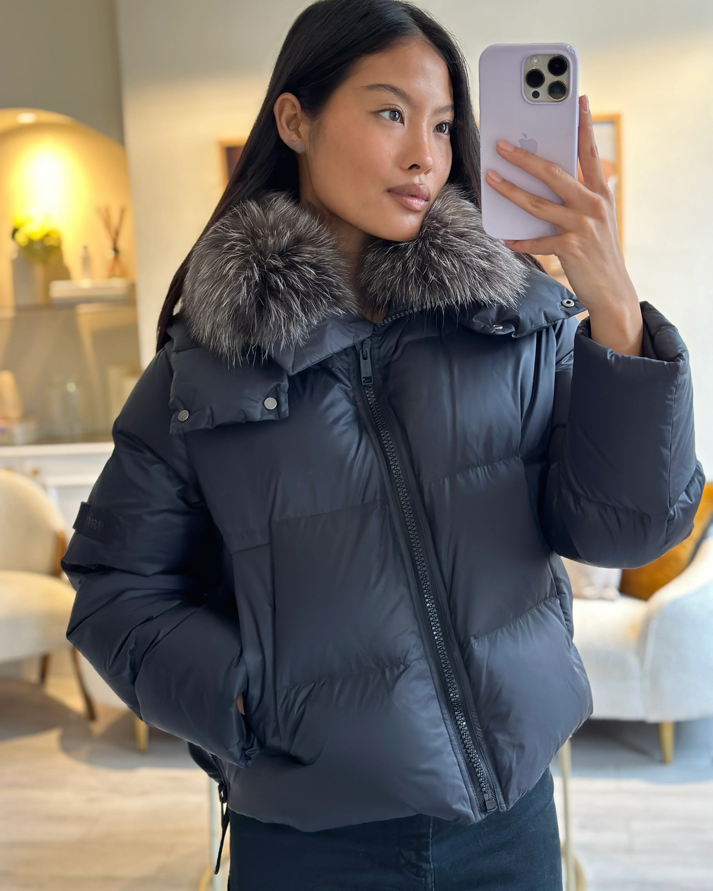 Yves Saloman ARMY Black Cropped Puffer Coat with Detachable Fur Collar Size FR 34 (UK 6) - Image 6