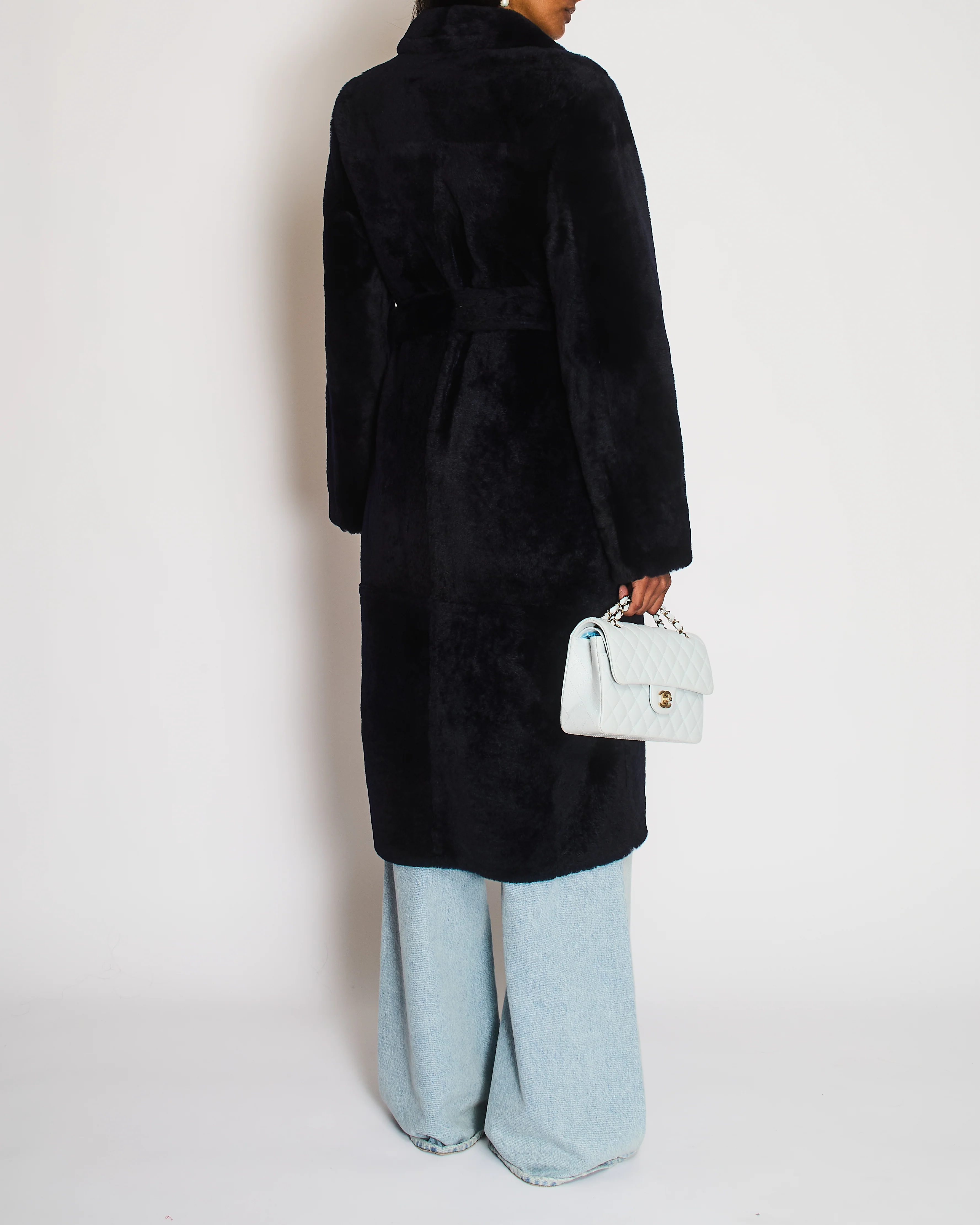 Yves Salomon Navy Shearling Maxi Coat with Leather Lining and Matching Shearling Belt FR 38 (UK 10) - Image 4