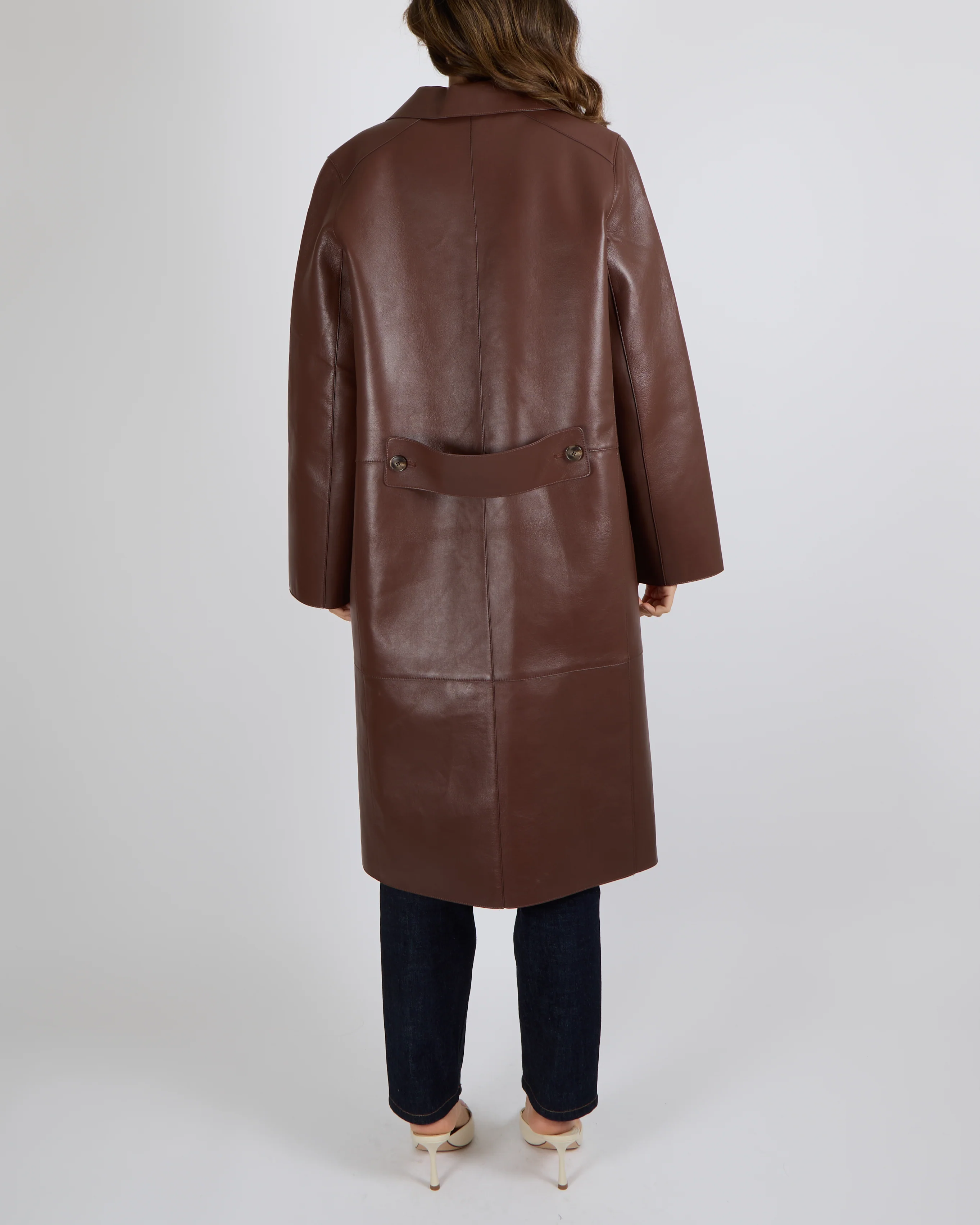Yves Salomon Long Double-Breasted Coat in Merlot Lambskin Leather with Brown Tortoiseshell Buttons Size FR 42 (UK 14) RRP £2,880 - Image 3