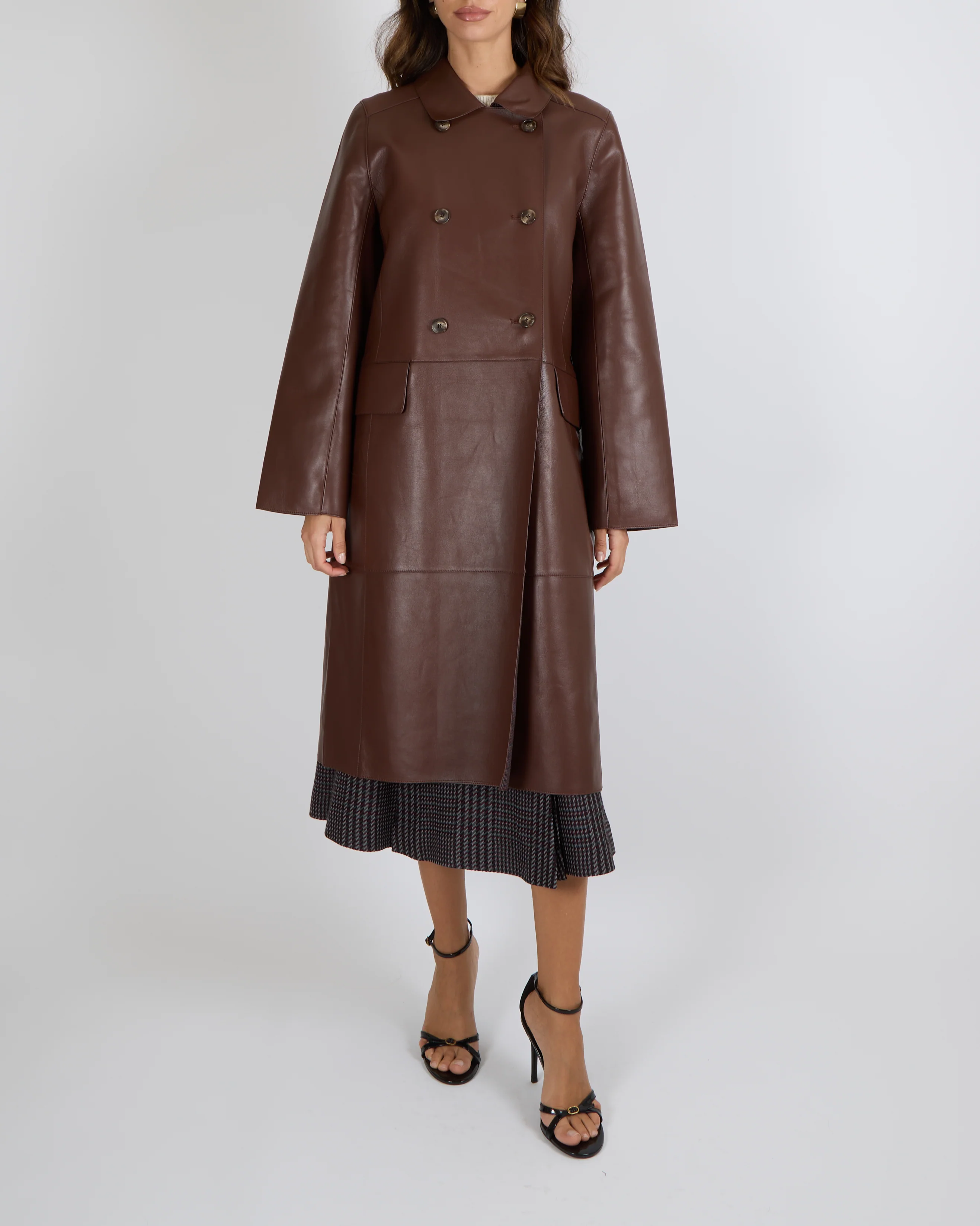 Yves Salomon Long Double-Breasted Coat in Merlot Lambskin Leather with Brown Tortoiseshell Buttons Size FR 42 (UK 14) RRP £2,880 - Image 5