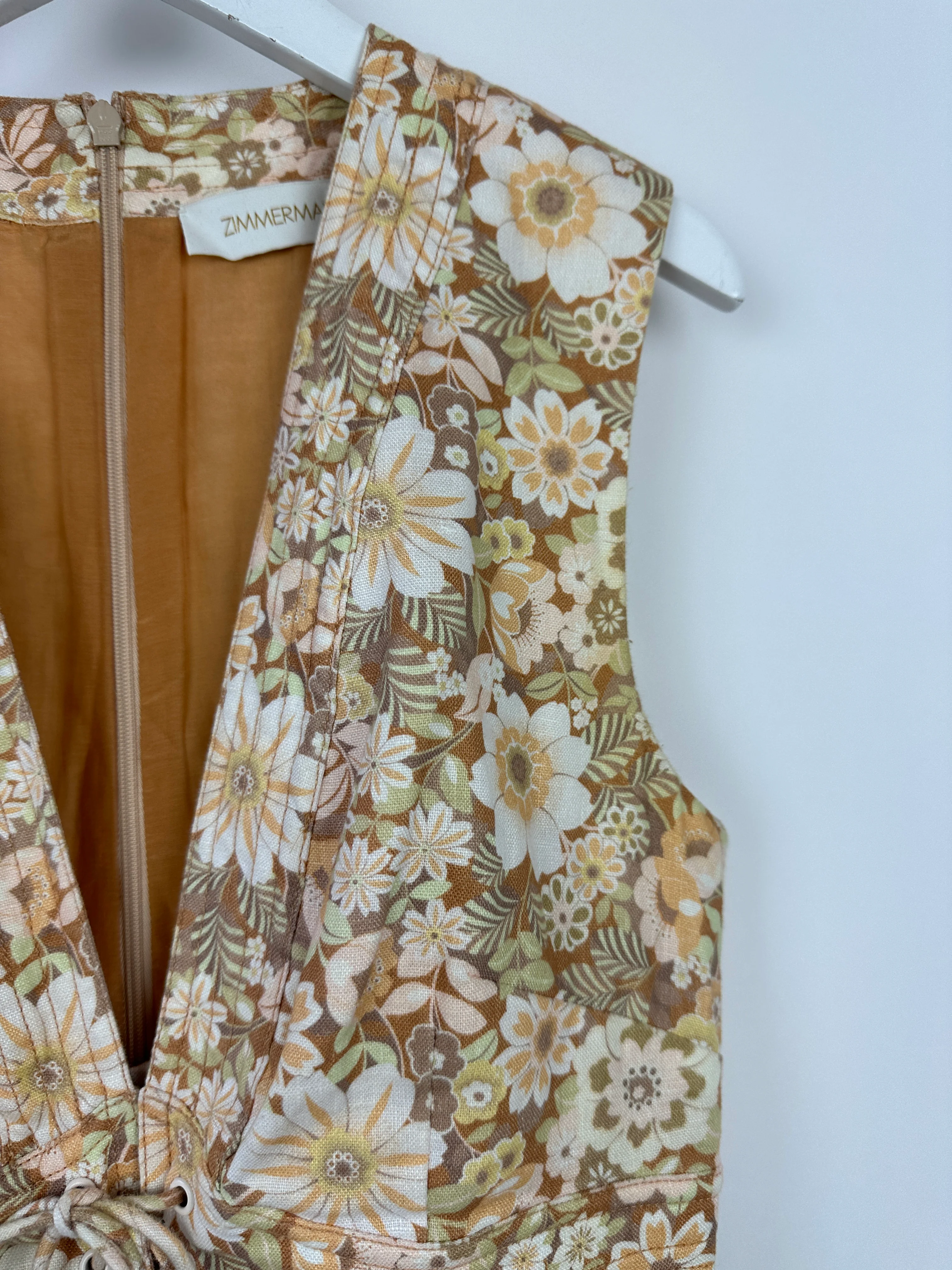 Zimmermann Beige Floral Print Linen Dress with Draw String Details Size FR 38 (UK 10) - Image 10