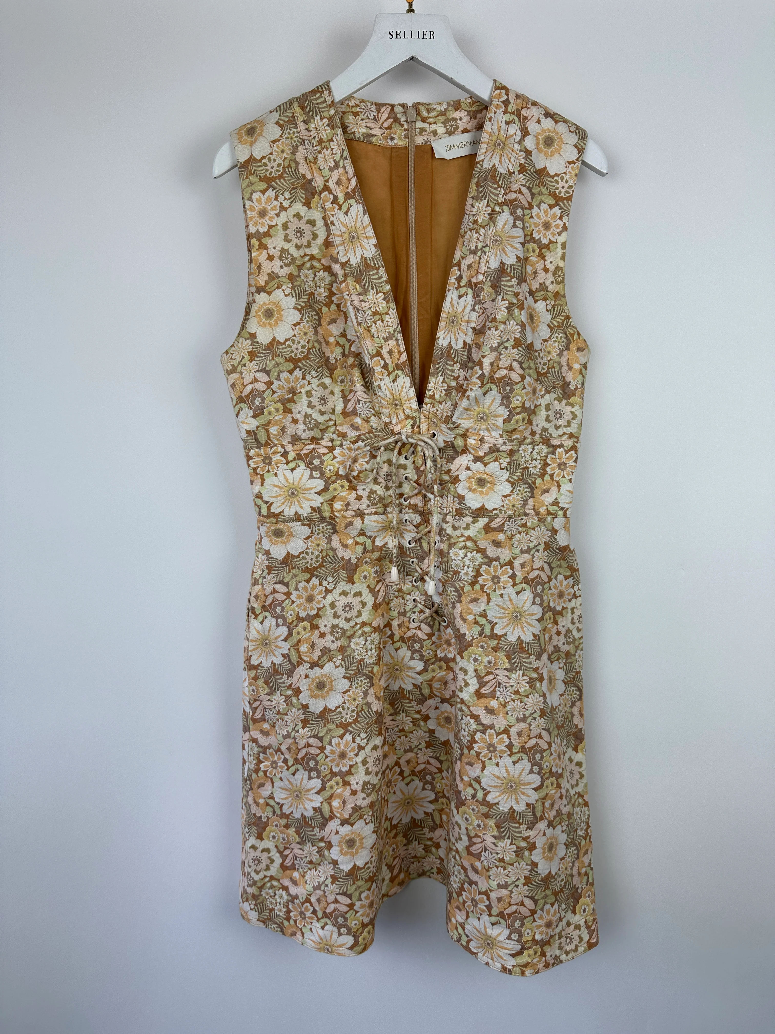 Zimmermann Beige Floral Print Linen Dress with Draw String Details Size FR 38 (UK 10) - Image 8