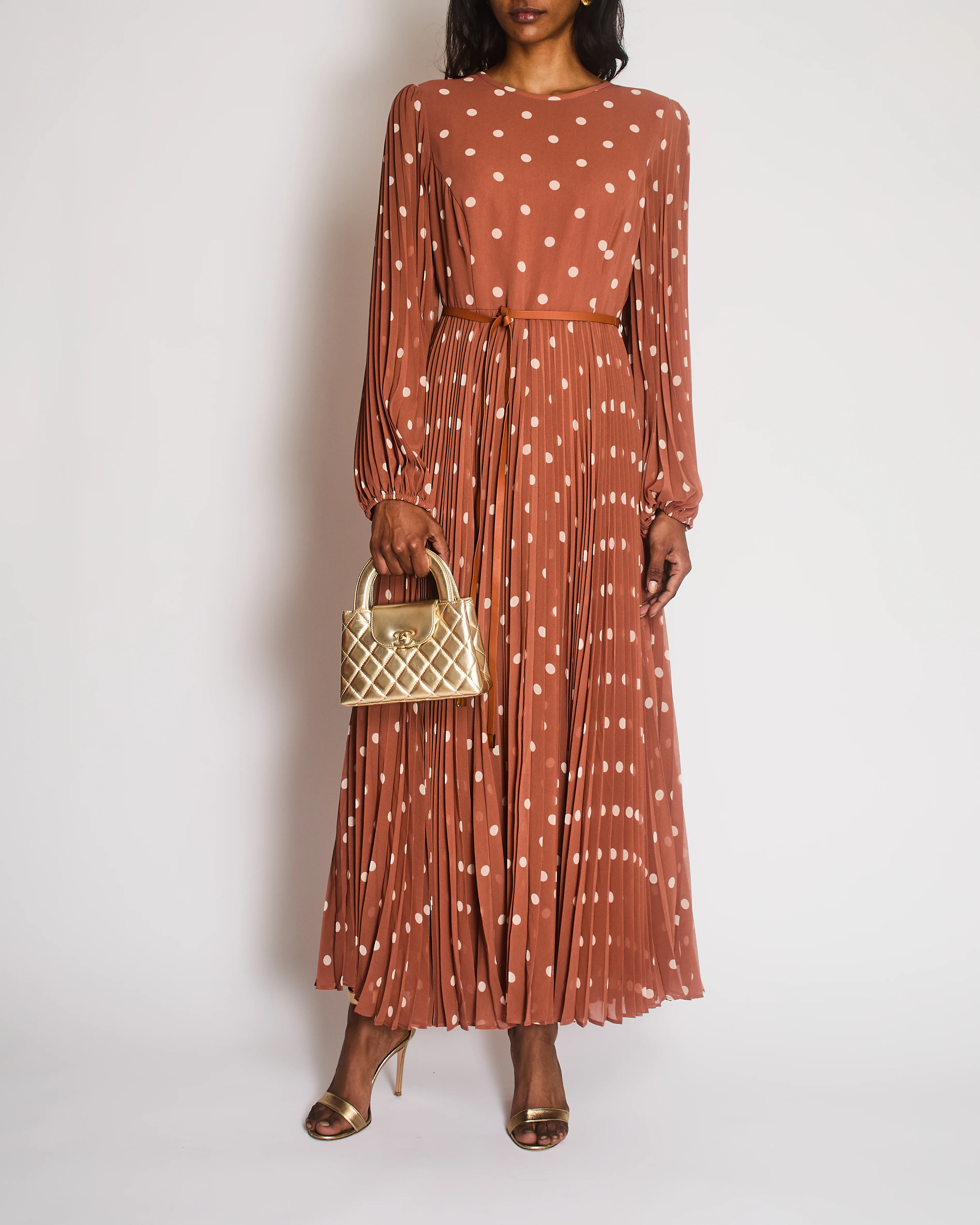 Zimmermann Brown Sunray Polkadot Long Sleeve Pleated Maxi Dress Size 4 (UK 16)