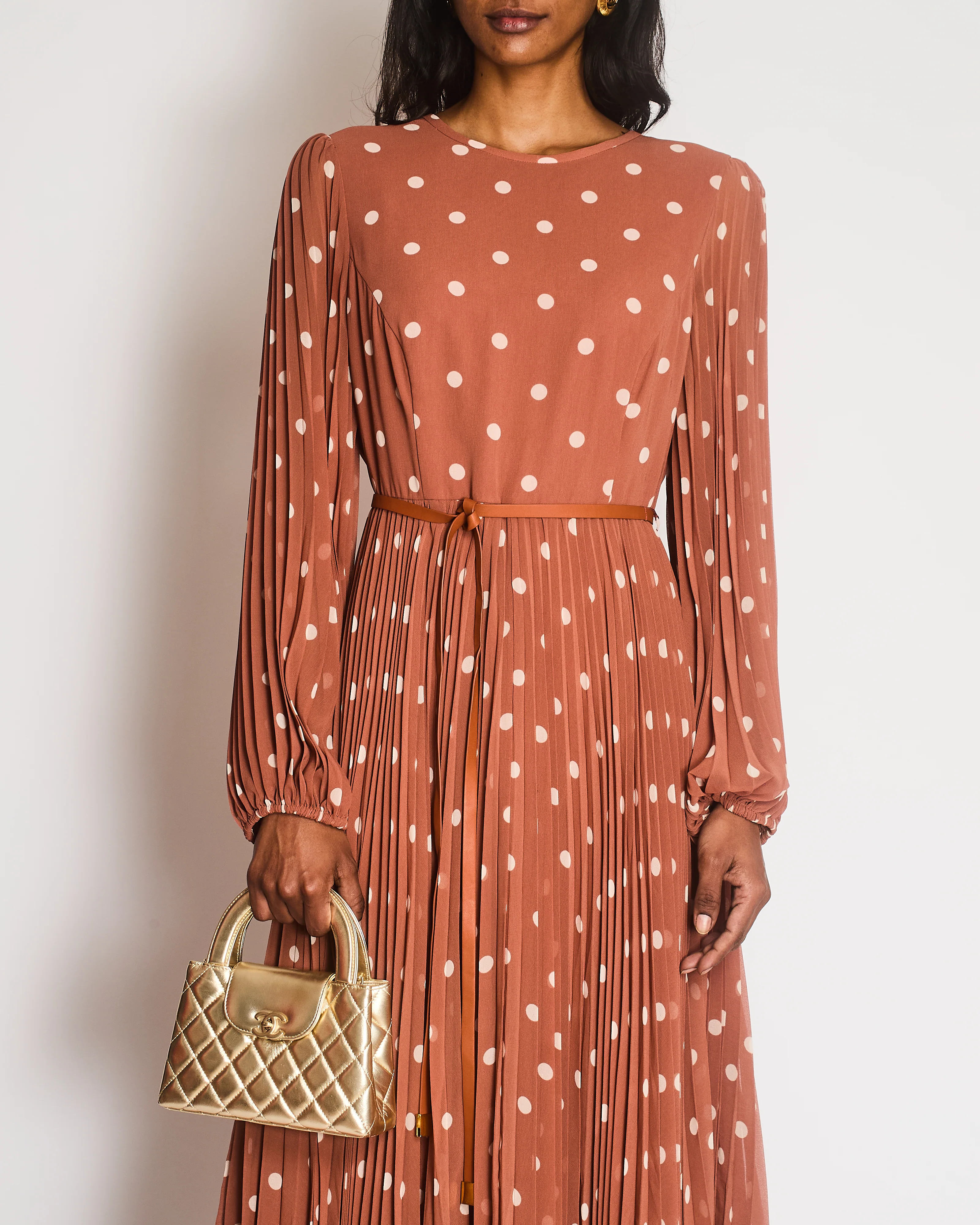 Zimmermann Brown Sunray Polkadot Long Sleeve Pleated Maxi Dress Size 4 (UK 16) - Image 3