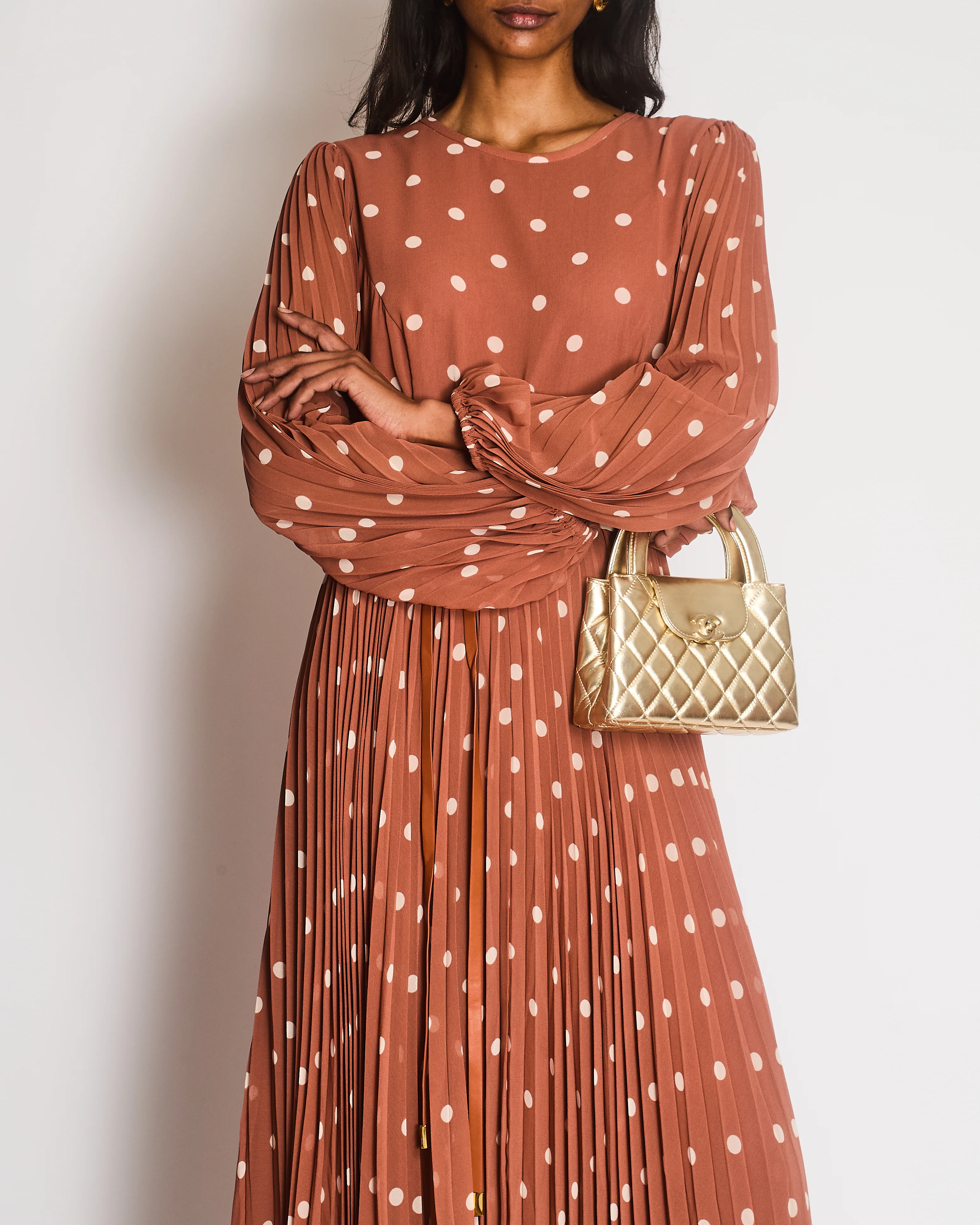 Zimmermann Brown Sunray Polkadot Long Sleeve Pleated Maxi Dress Size 4 (UK 16) - Image 4