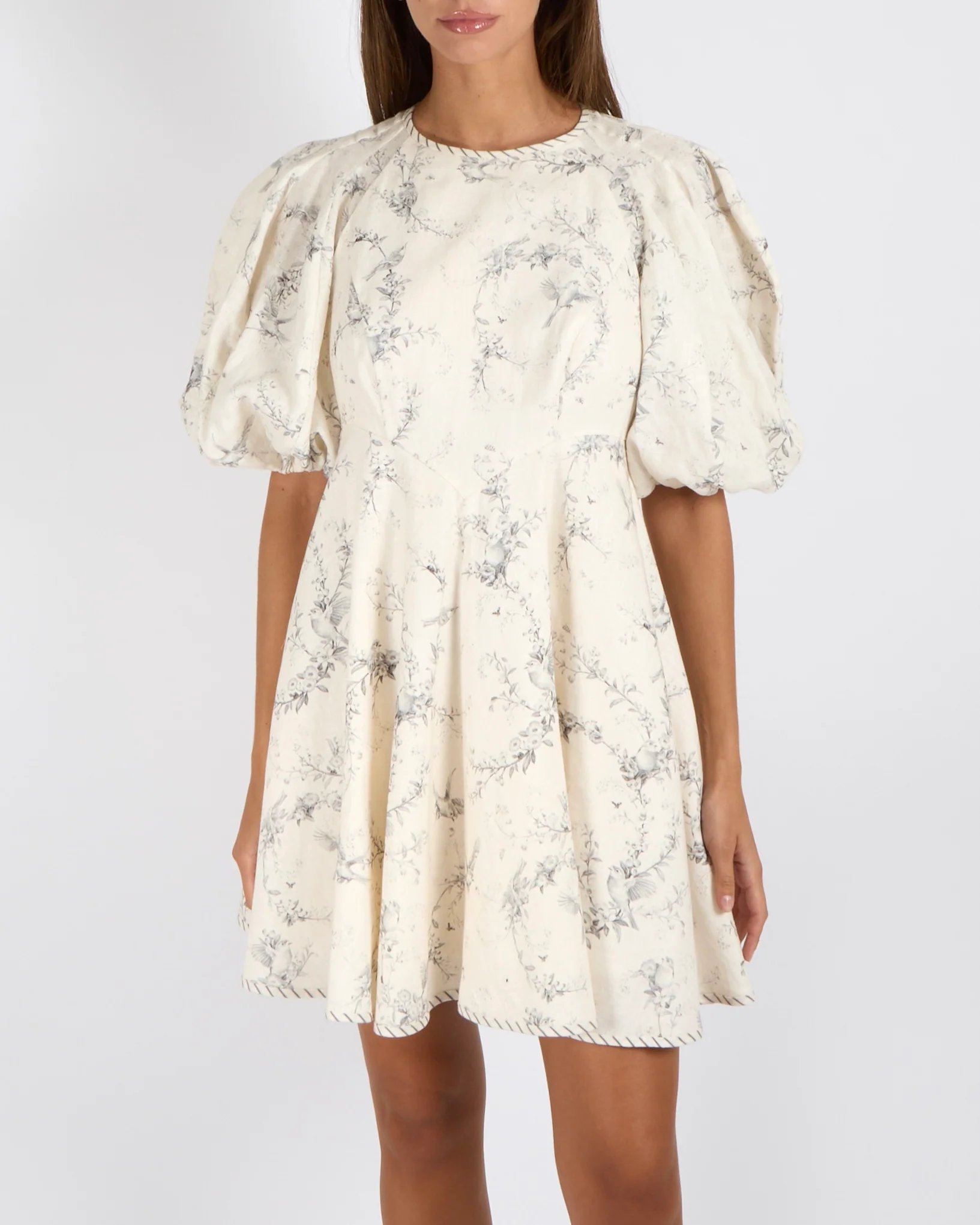 Zimmermann Cream Linen Mini Dress with Puff Sleeves and Grey Floral Print Size 1 (UK 10) - Image 2