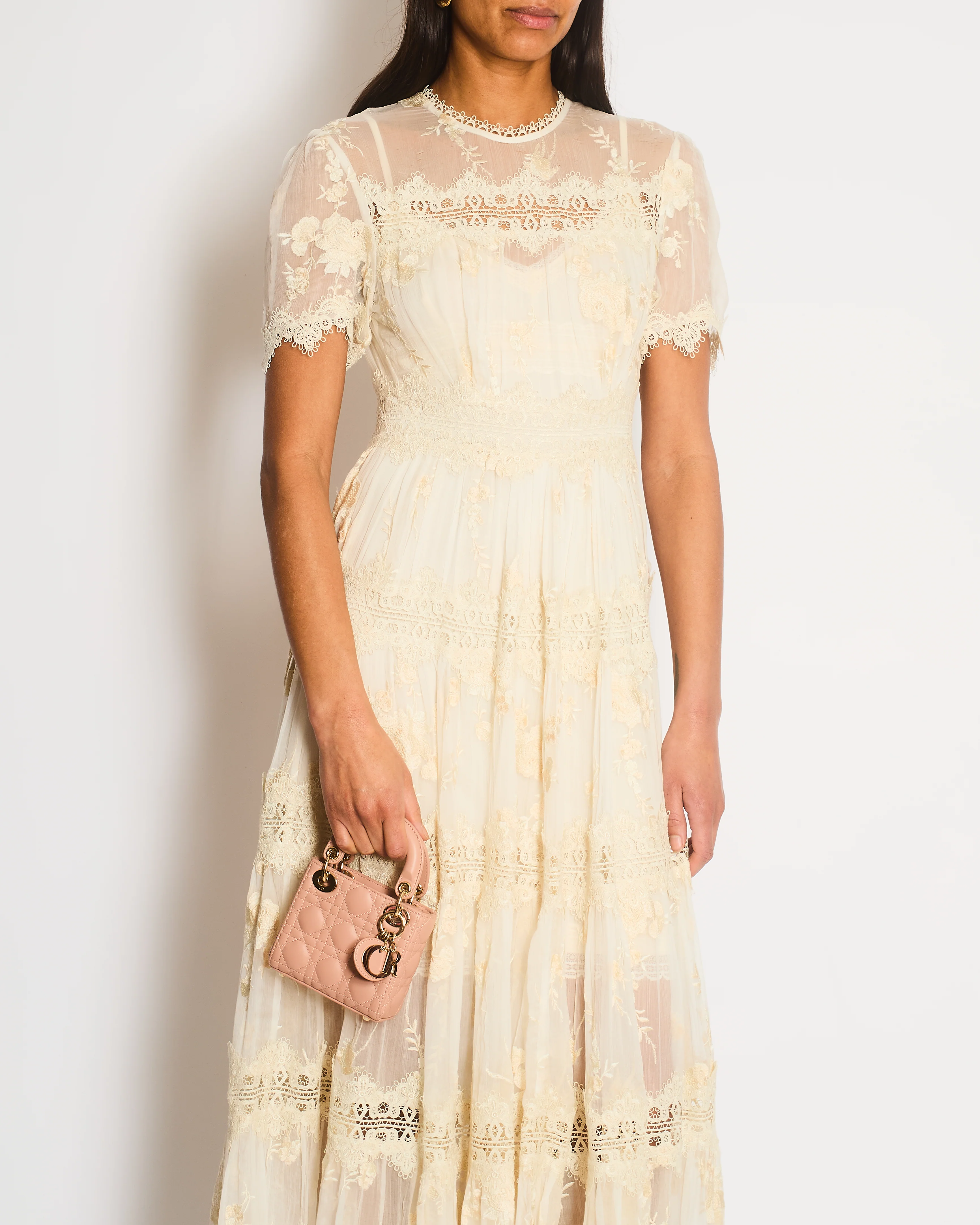 Zimmermann Cream Short Sleeve Tiered Sheer Mesh and Lace Maxi Dress with Slip Size 0 (UK 8) - Image 2
