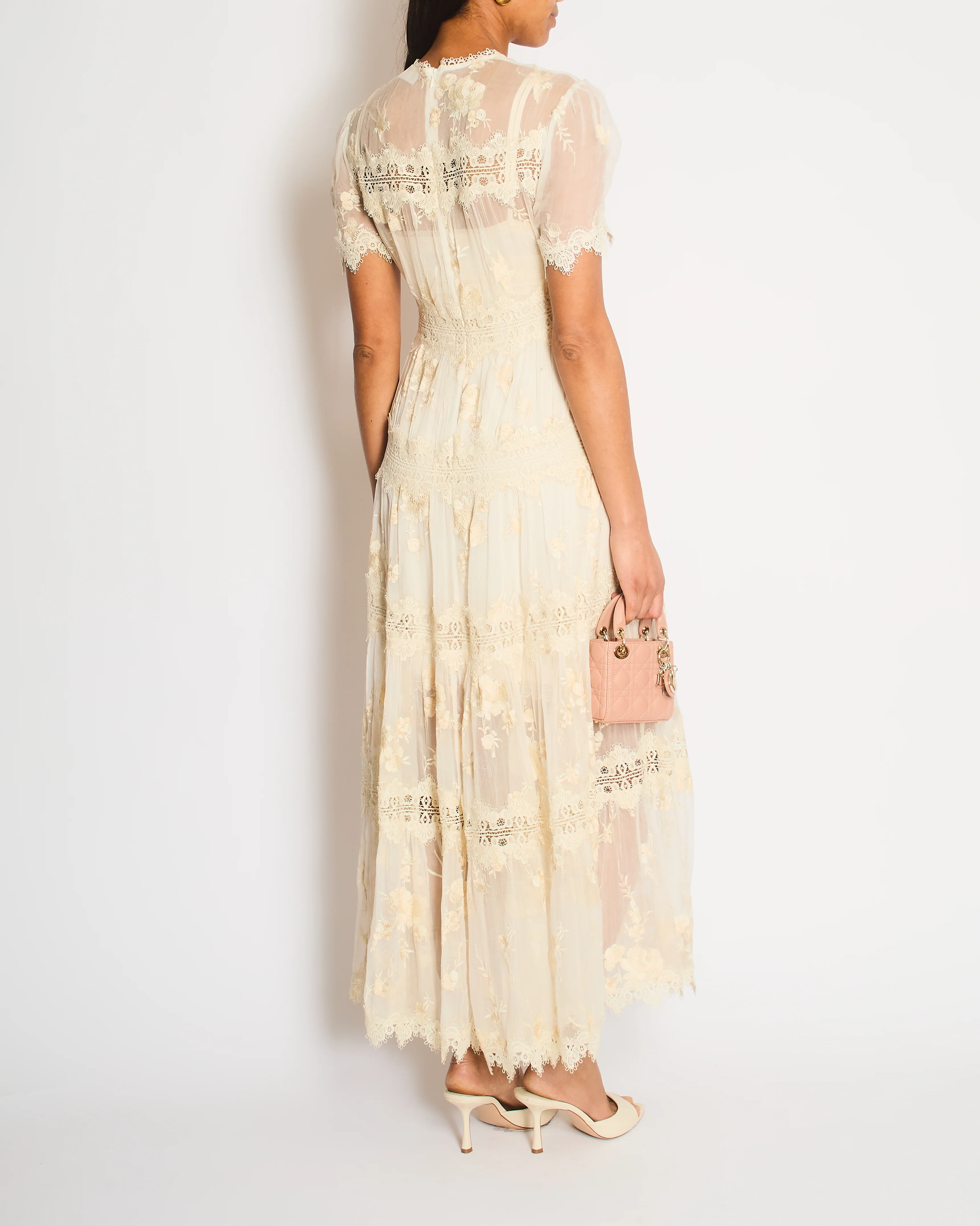 Zimmermann Cream Short Sleeve Tiered Sheer Mesh and Lace Maxi Dress with Slip Size 0 (UK 8) - Image 4