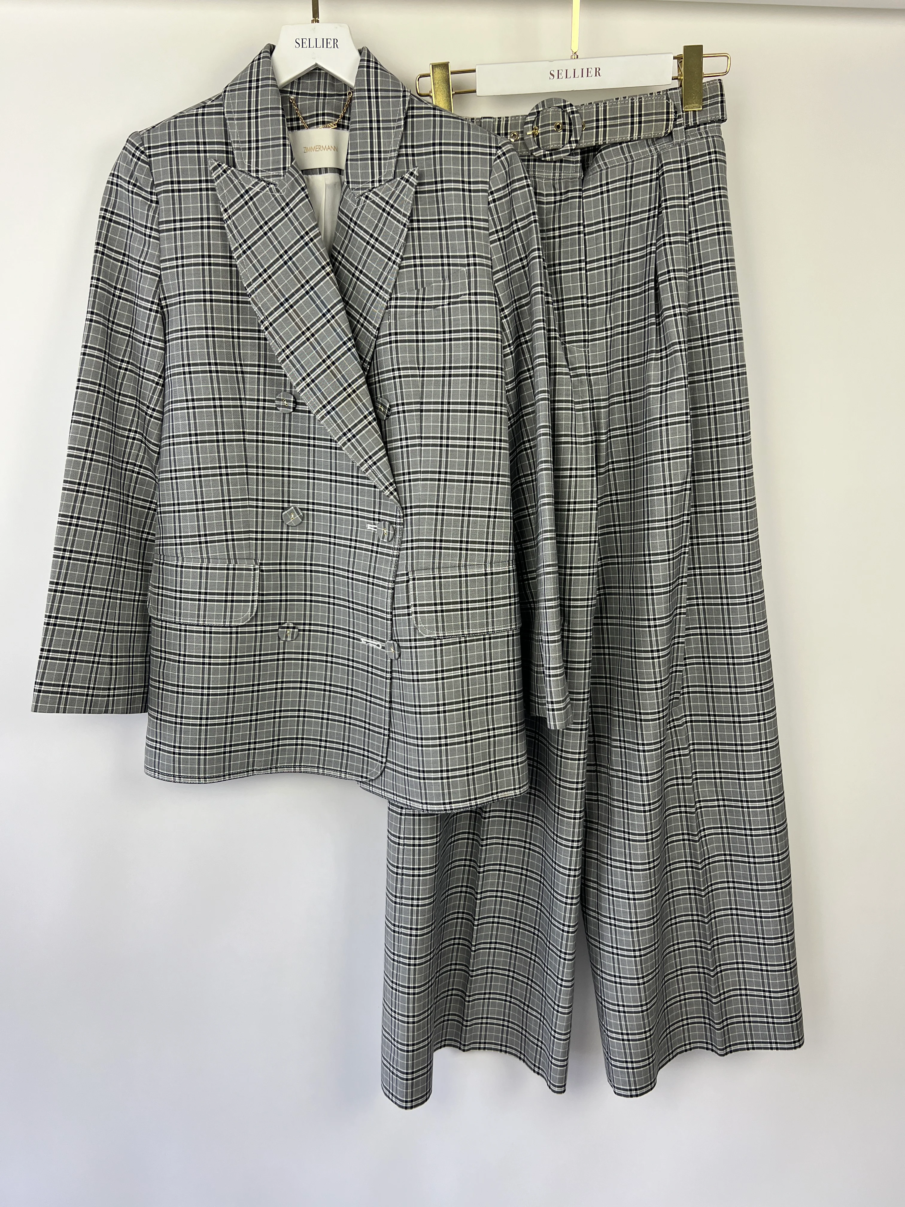 Zimmermann Grey, Black Check Double Breasted Jacket and Tailored Belted Trousers Set Size 0 (UK 6) - Image 7