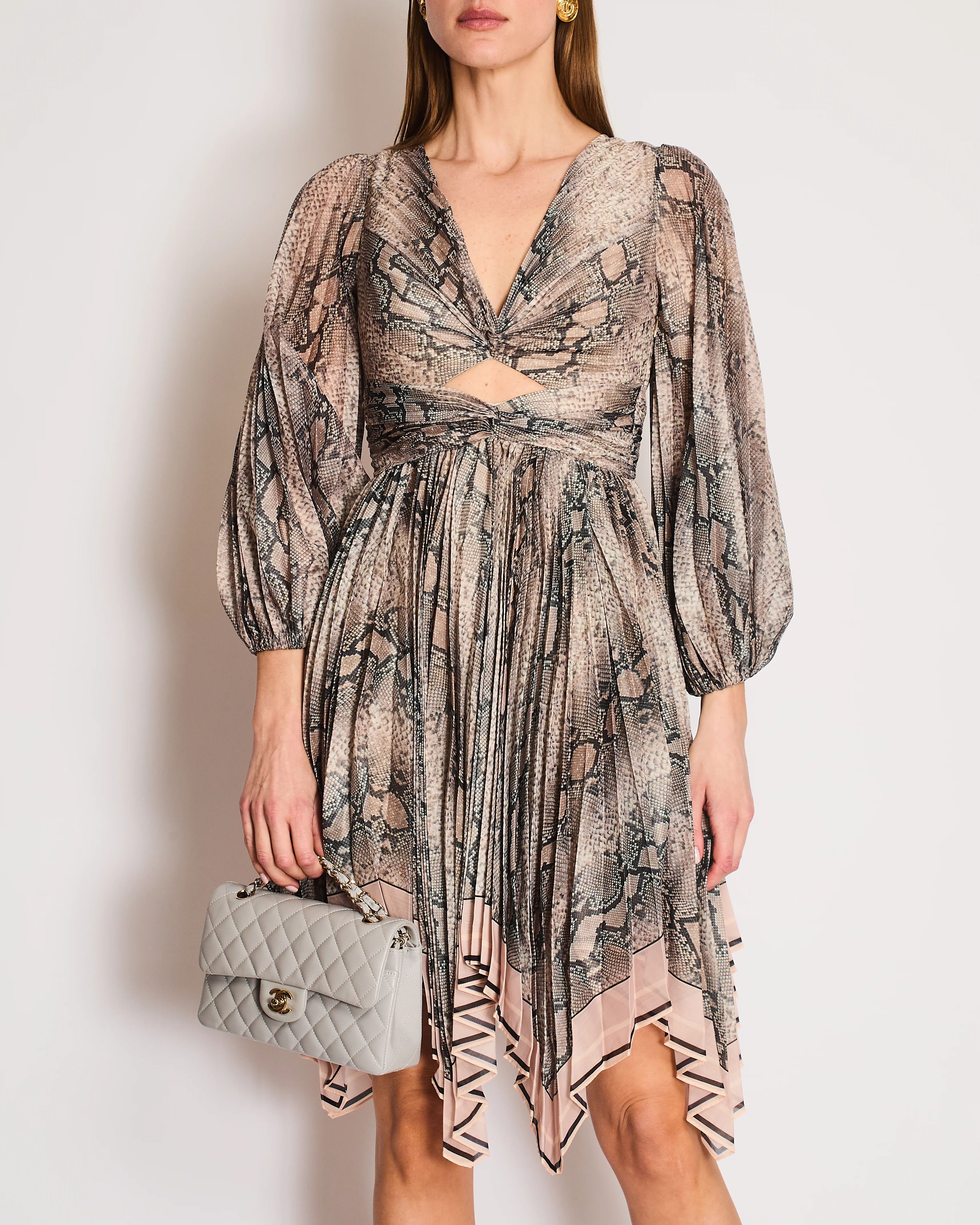 Zimmermann Grey and Pink Snake Print Pleated Midi Dress with Cutouts Size 0 (UK 8) - Image 3