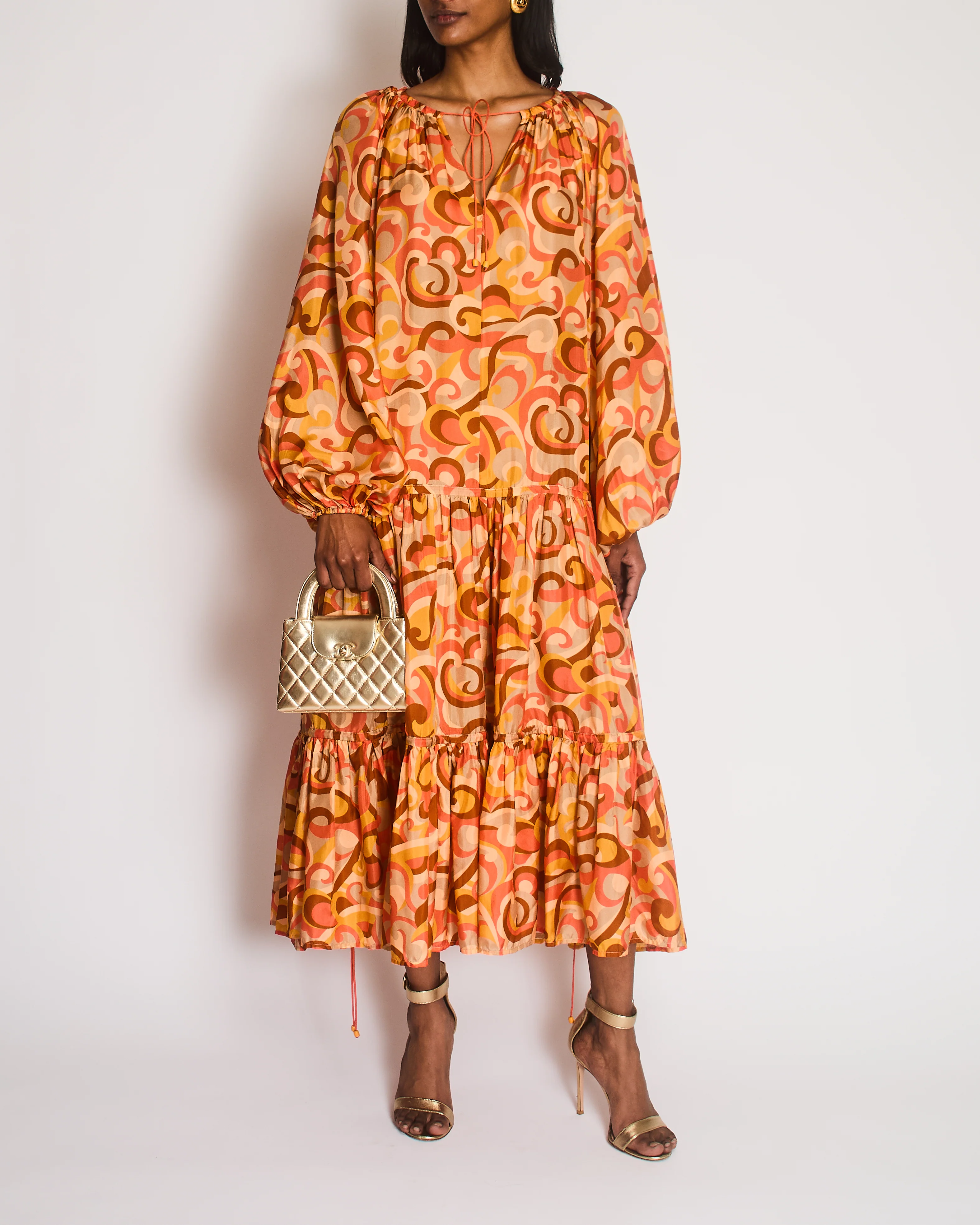 Zimmermann Orange Mae Long Sleeve Tiered Swirl Dress Size 3 (UK 14)