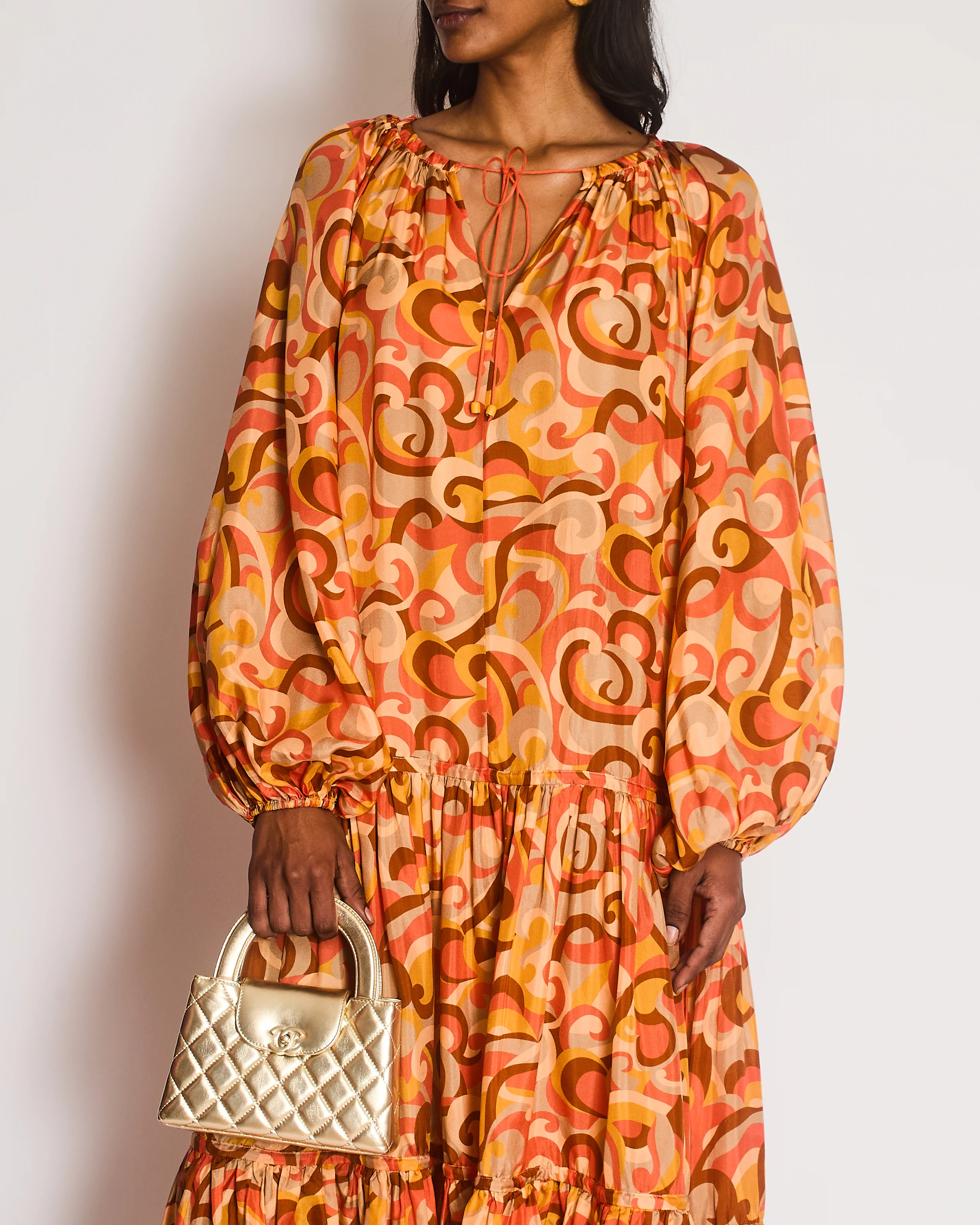 Zimmermann Orange Mae Long Sleeve Tiered Swirl Dress Size 3 (UK 14) - Image 3
