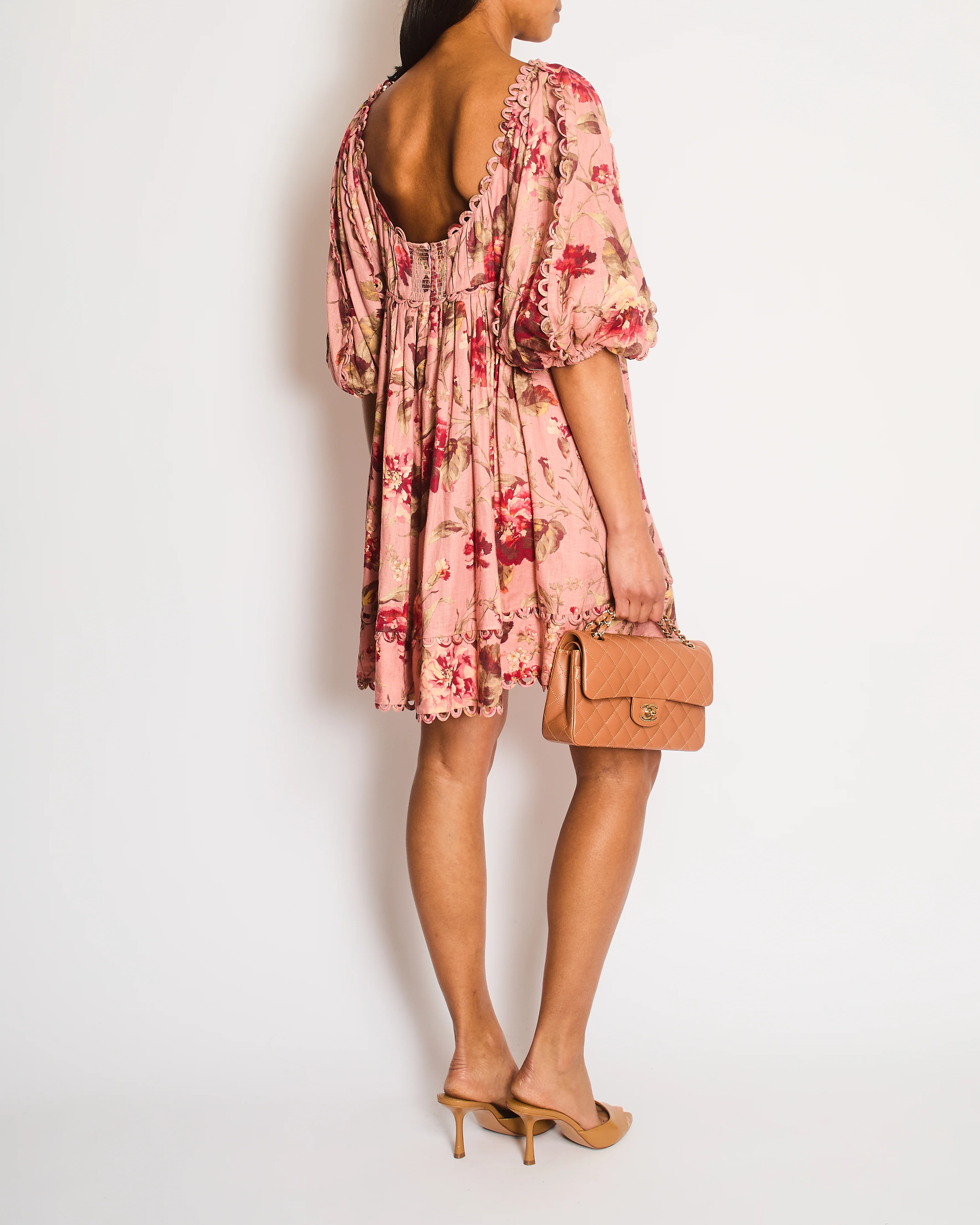 Zimmermann Pink Floral Mini Dress with Puff Sleeves and Scalloped Trim Detail Size 4 (UK 16) - Image 4