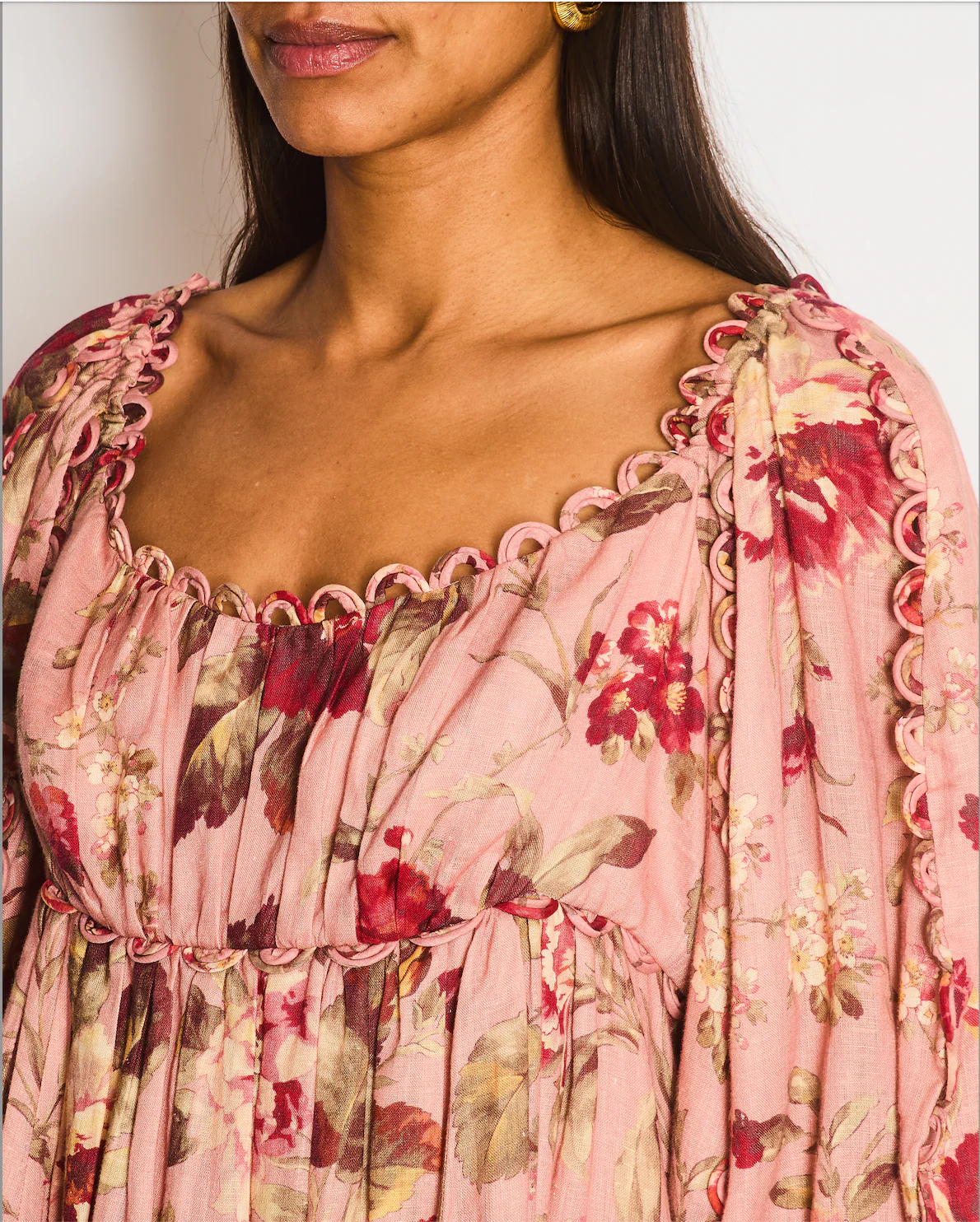 Zimmermann Pink Floral Mini Dress with Puff Sleeves and Scalloped Trim Detail Size 4 (UK 16) - Image 5