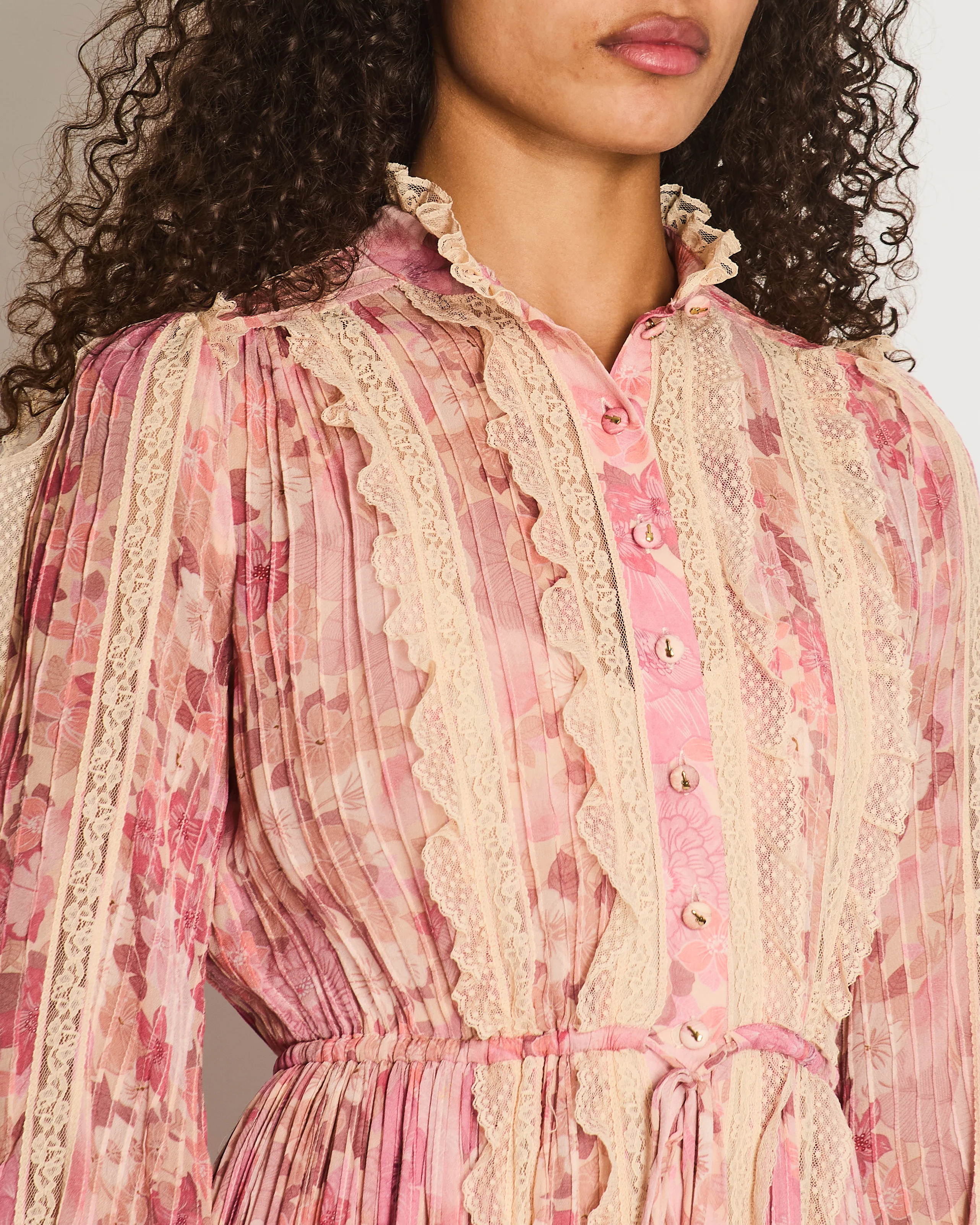 Zimmermann Pink Floral Viscose Long-Sleeve Floral Midi Dress with Lace Details Size 0 (UK 8) - Image 4