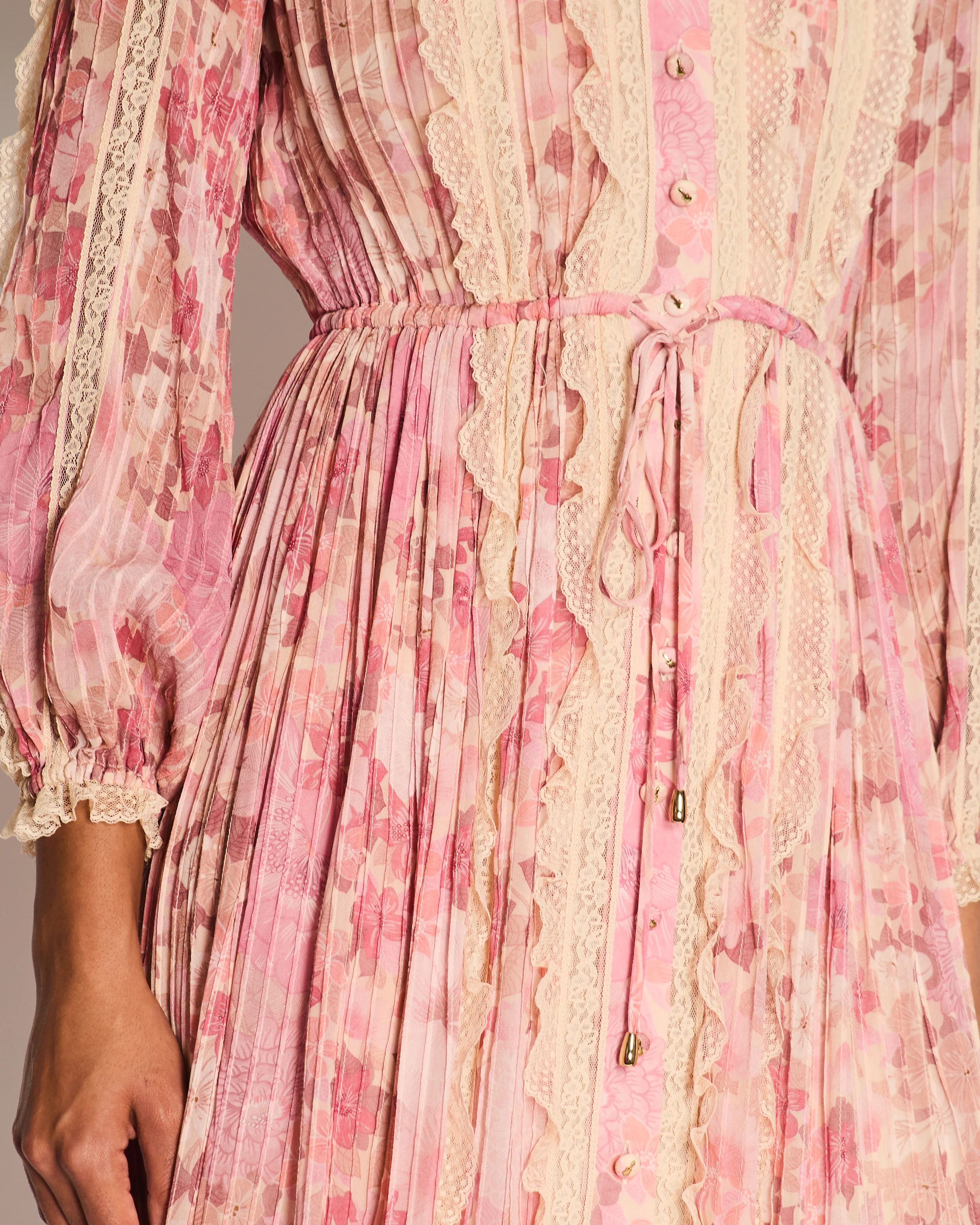 Zimmermann Pink Floral Viscose Long-Sleeve Floral Midi Dress with Lace Details Size 0 (UK 8) - Image 5