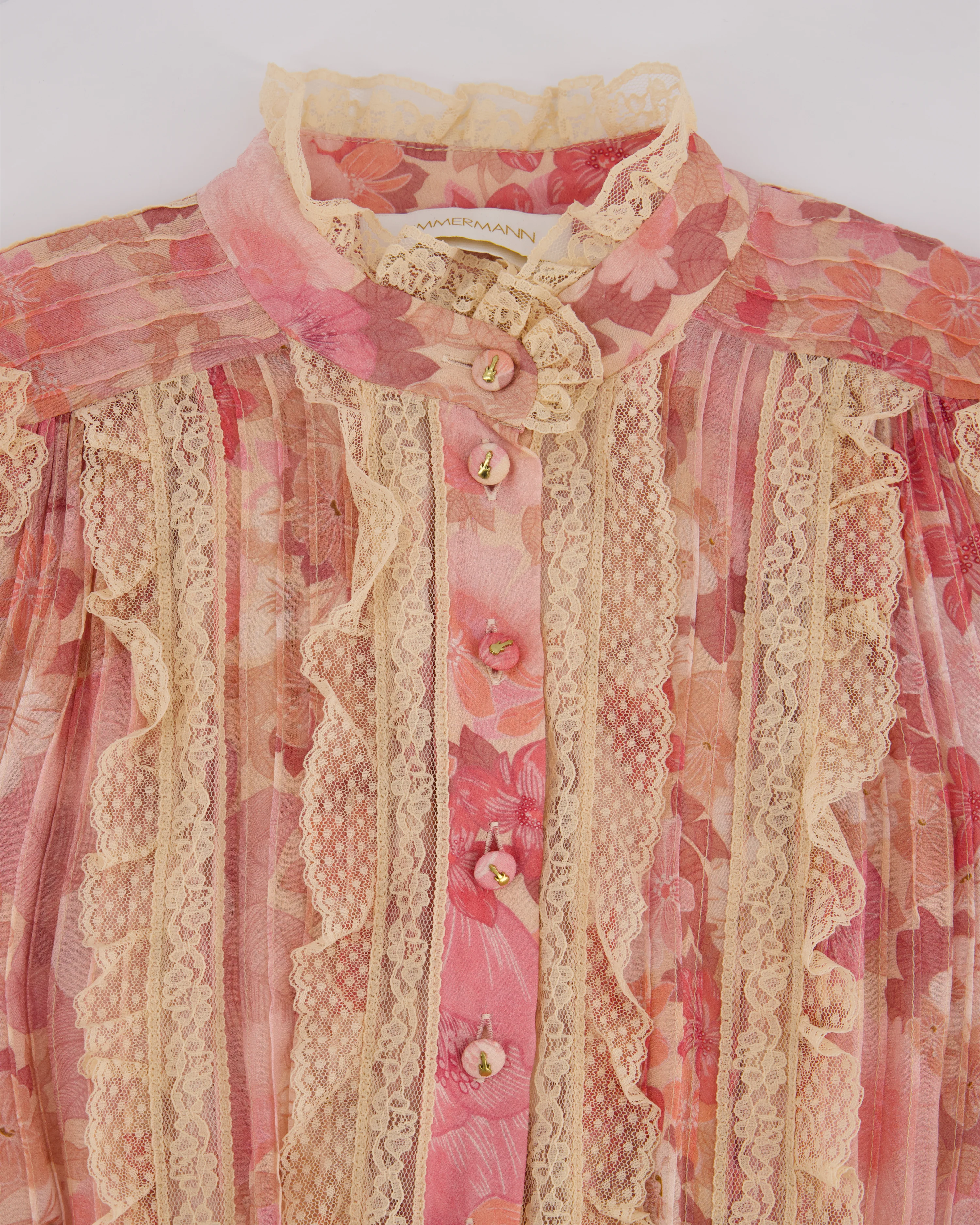 Zimmermann Pink Floral Viscose Long-Sleeve Floral Midi Dress with Lace Details Size 0 (UK 8) - Image 7