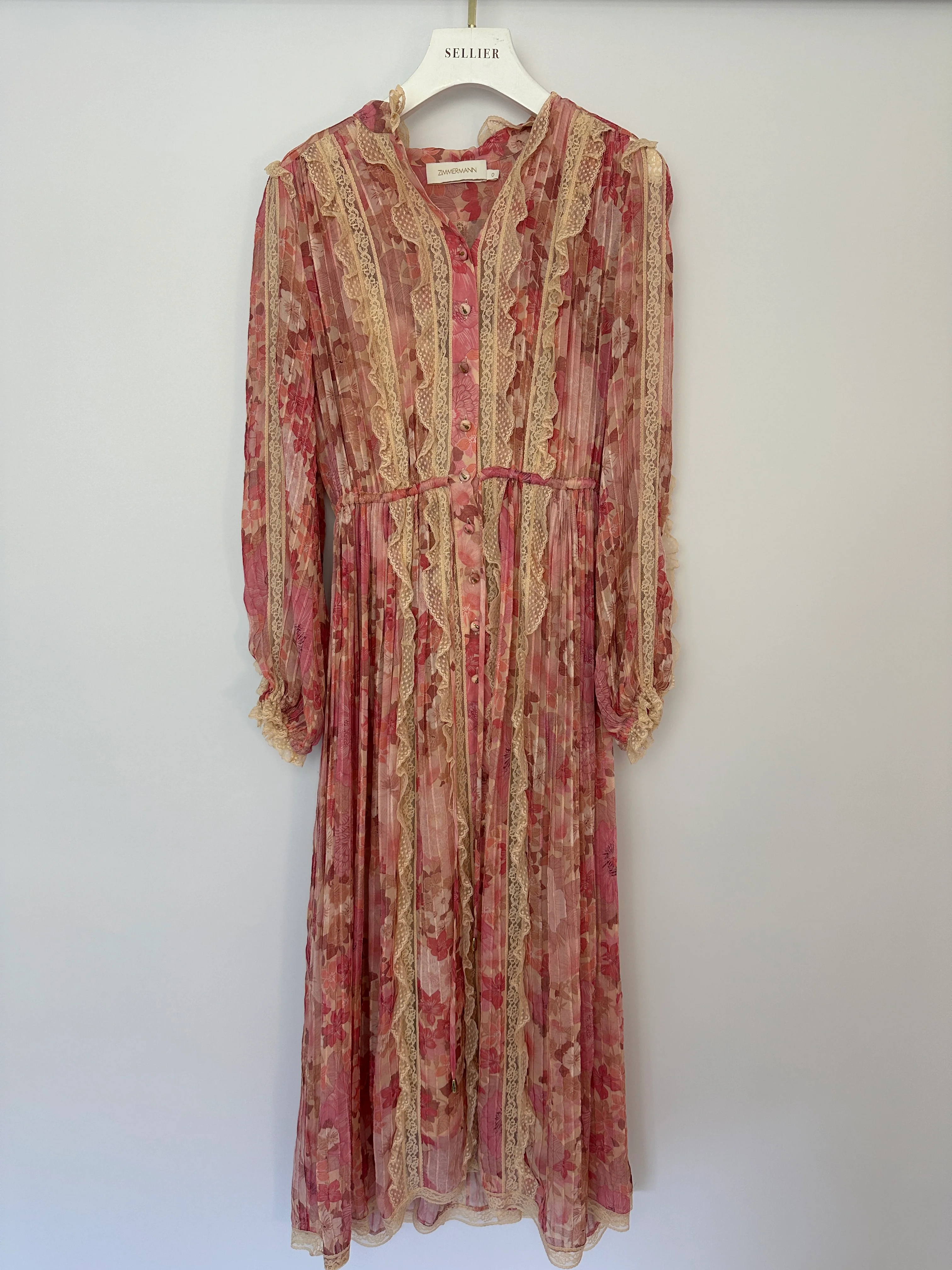 Zimmermann Pink Floral Viscose Long-Sleeve Floral Midi Dress with Lace Details Size 0 (UK 8) - Image 9
