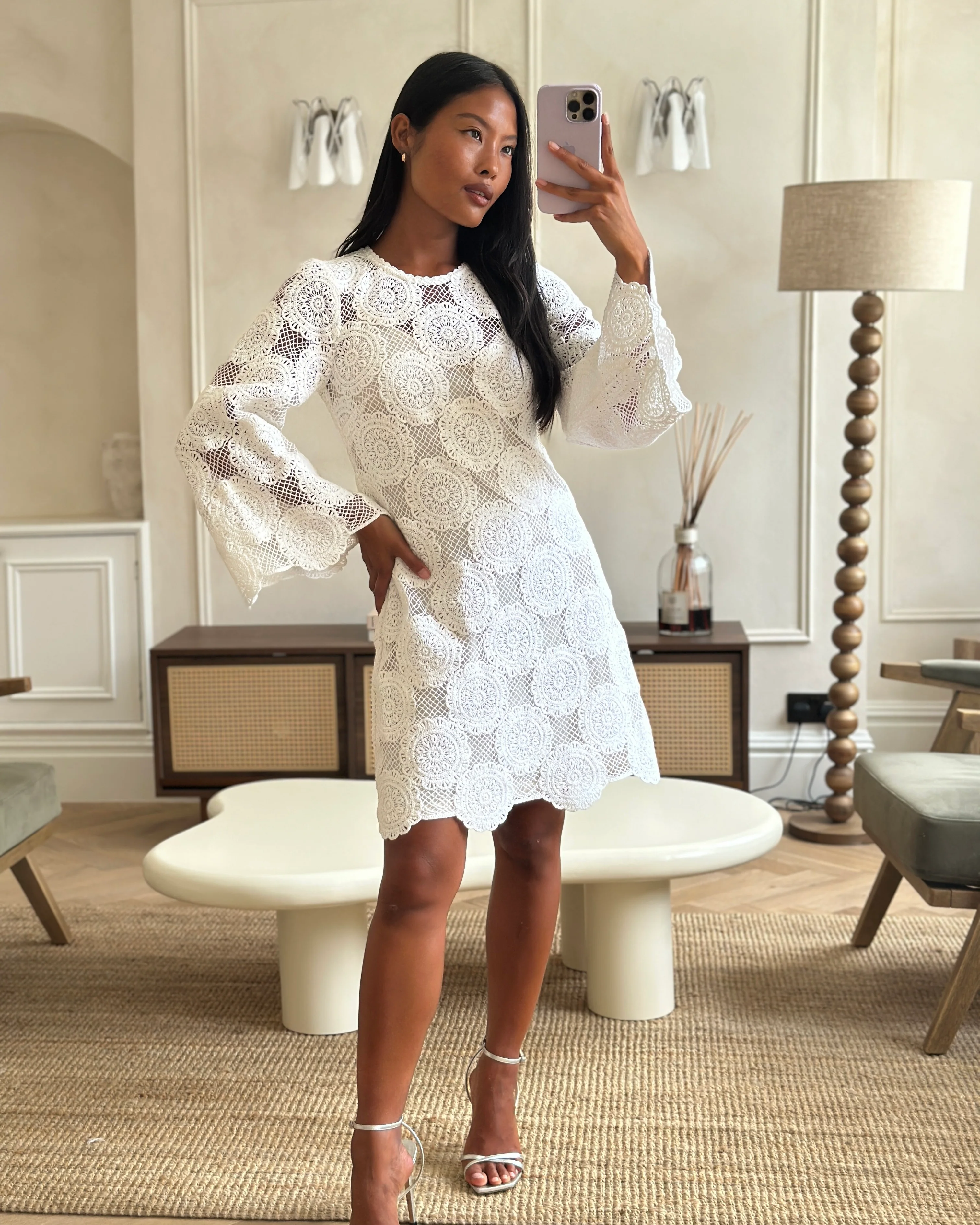 Zimmermann White Crochet Long Sleeve Sheer Mini Dress Size 0 (UK 8) - Image 6