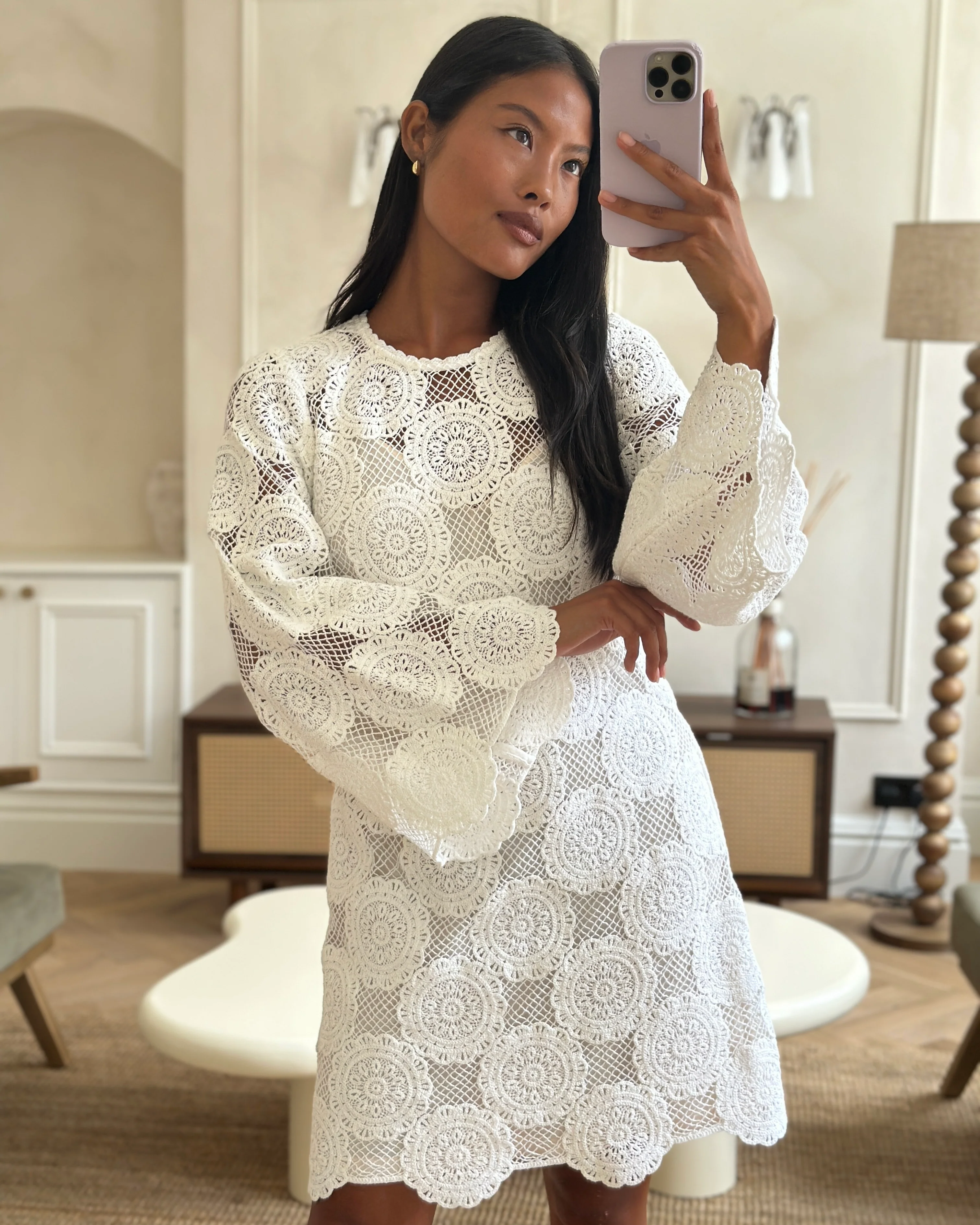 Zimmermann White Crochet Long Sleeve Sheer Mini Dress Size 0 (UK 8) - Image 7