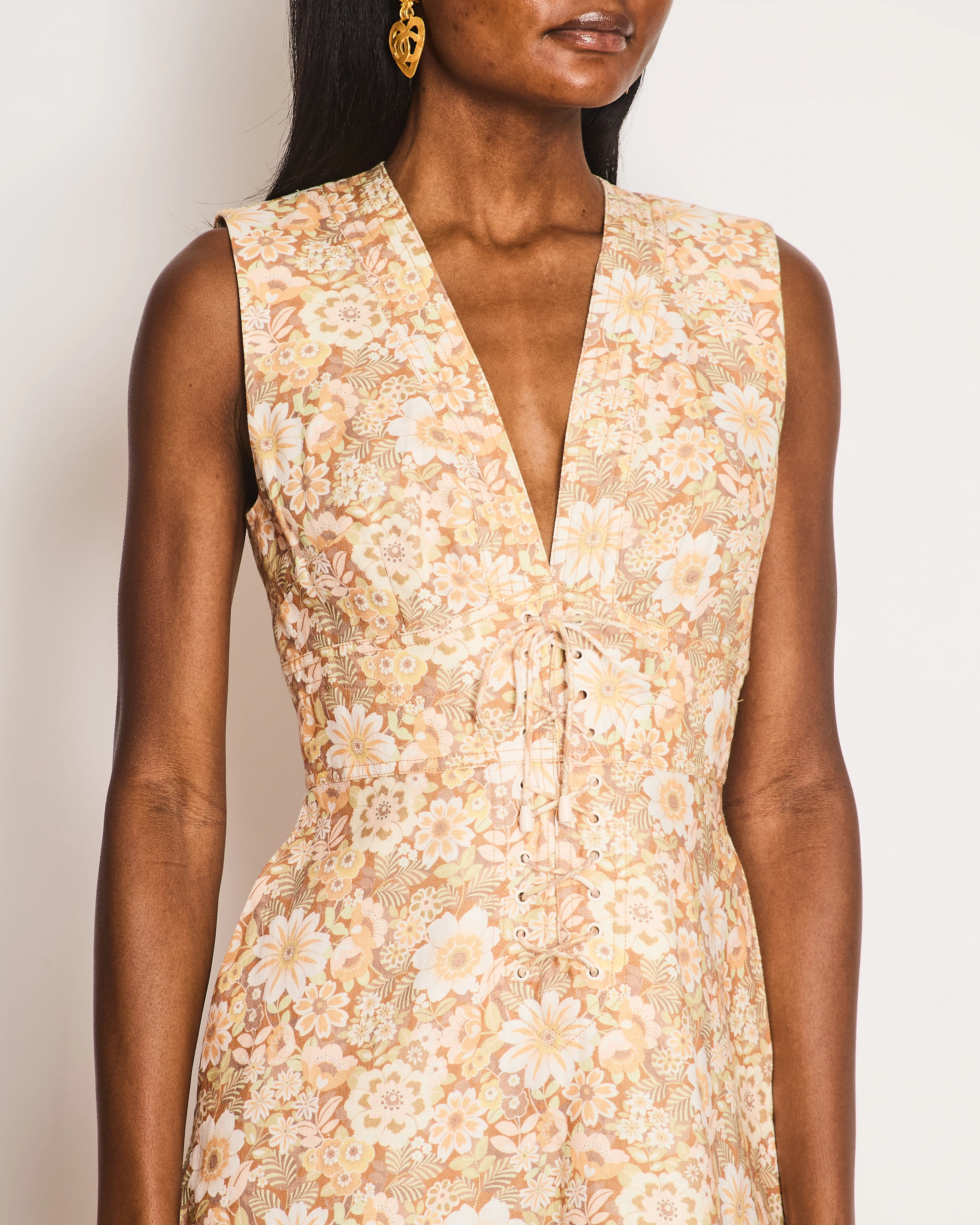 Zimmermann Yellow Floral Print Linen Dress with Corset Tie Details Size 2 (UK 12) - Image 3
