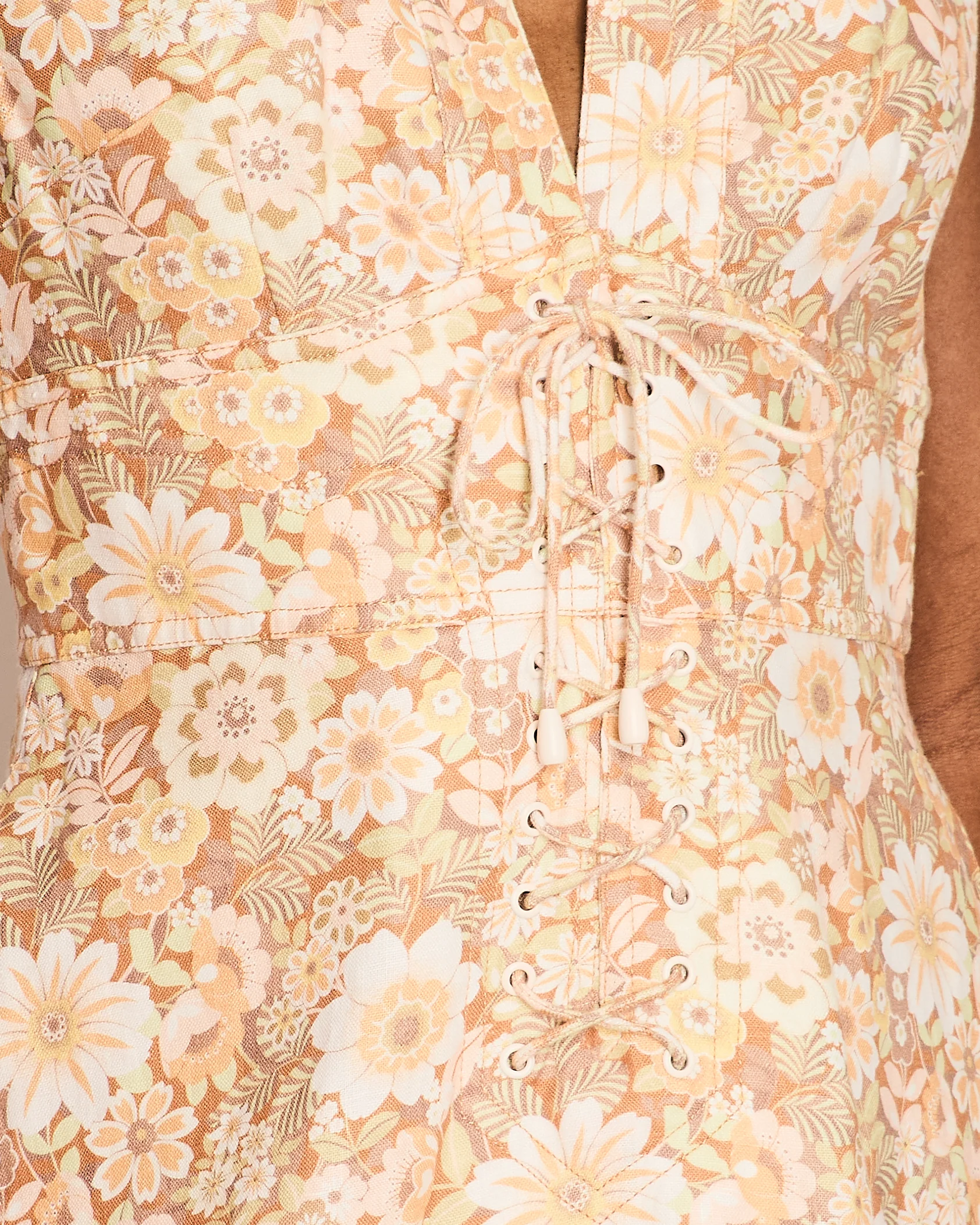 Zimmermann Yellow Floral Print Linen Dress with Corset Tie Details Size 2 (UK 12) - Image 4