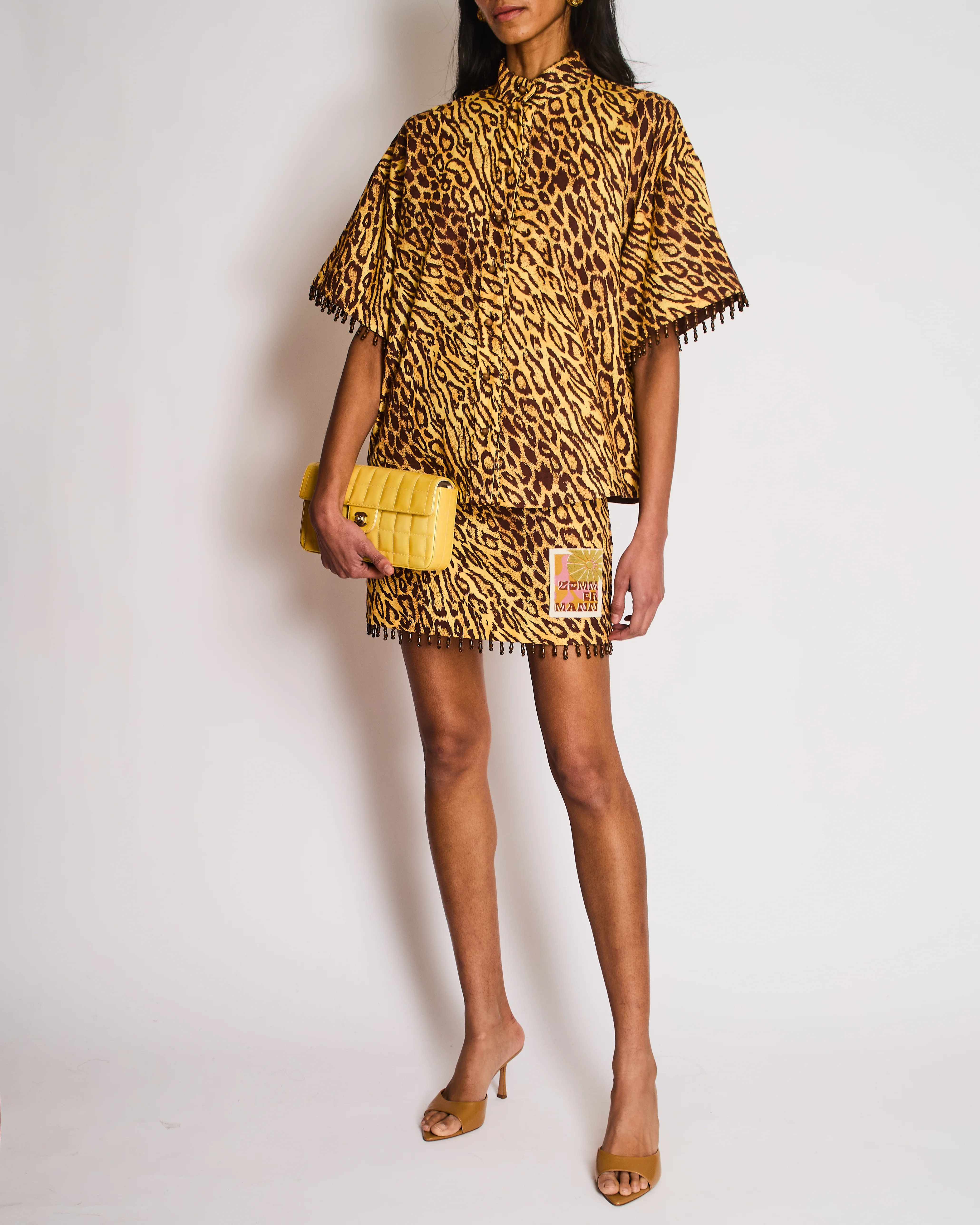 Zimmermann Yellow Leopard Logo Print Beaded Button Down Shirt with Matching Skirt Size 1 (UK 10)