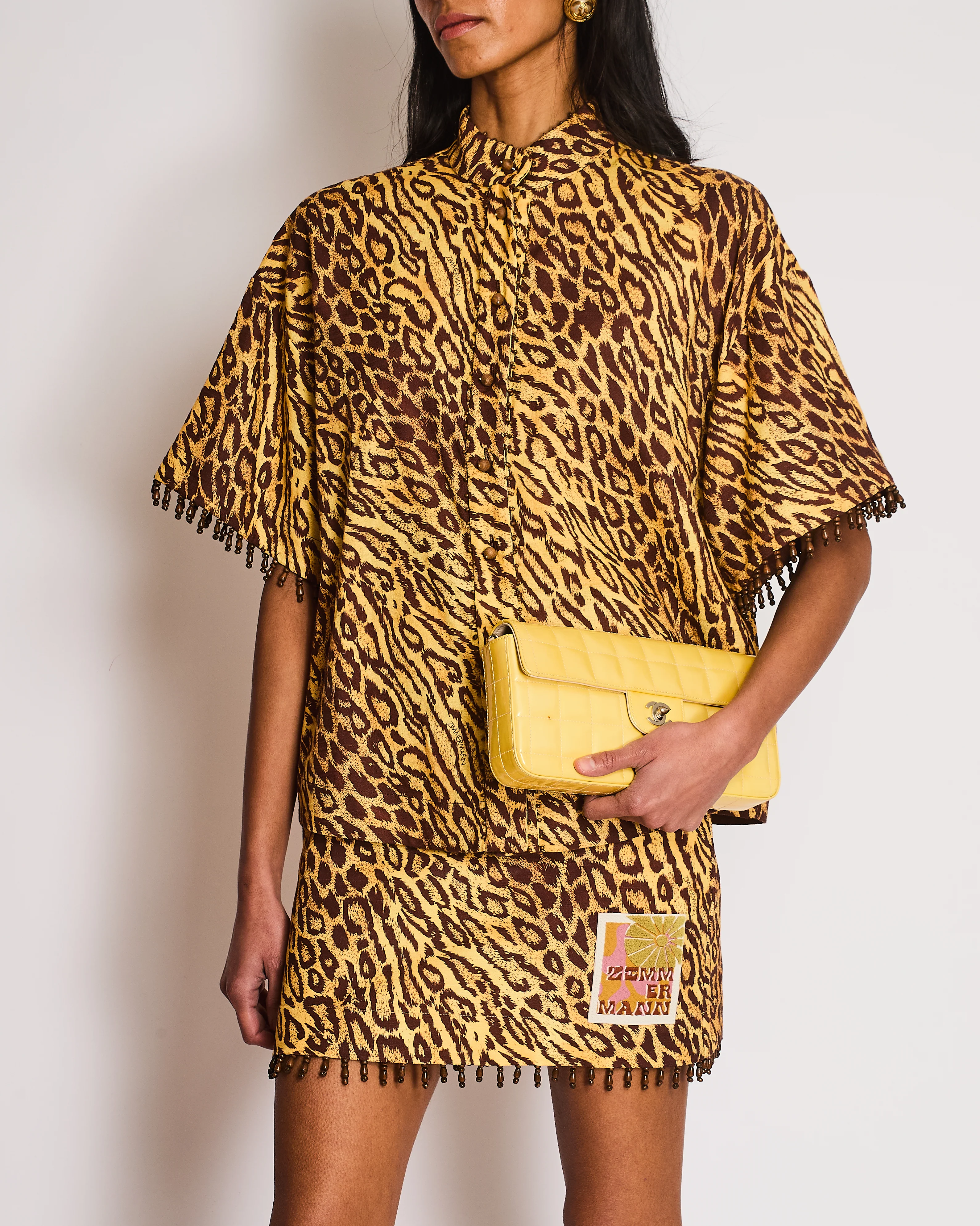 Zimmermann Yellow Leopard Logo Print Beaded Button Down Shirt with Matching Skirt Size 1 (UK 10) - Image 2