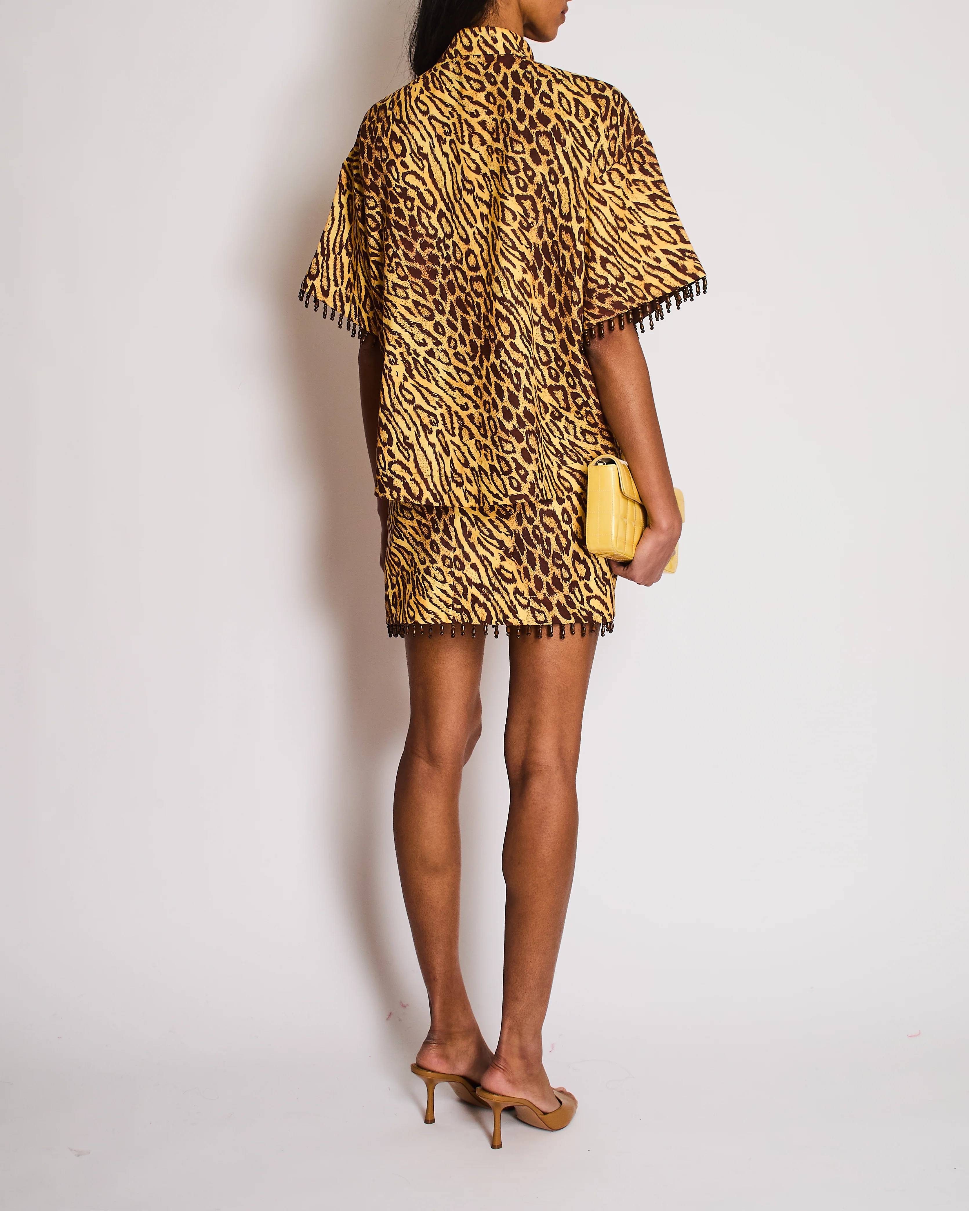 Zimmermann Yellow Leopard Logo Print Beaded Button Down Shirt with Matching Skirt Size 1 (UK 10) - Image 4