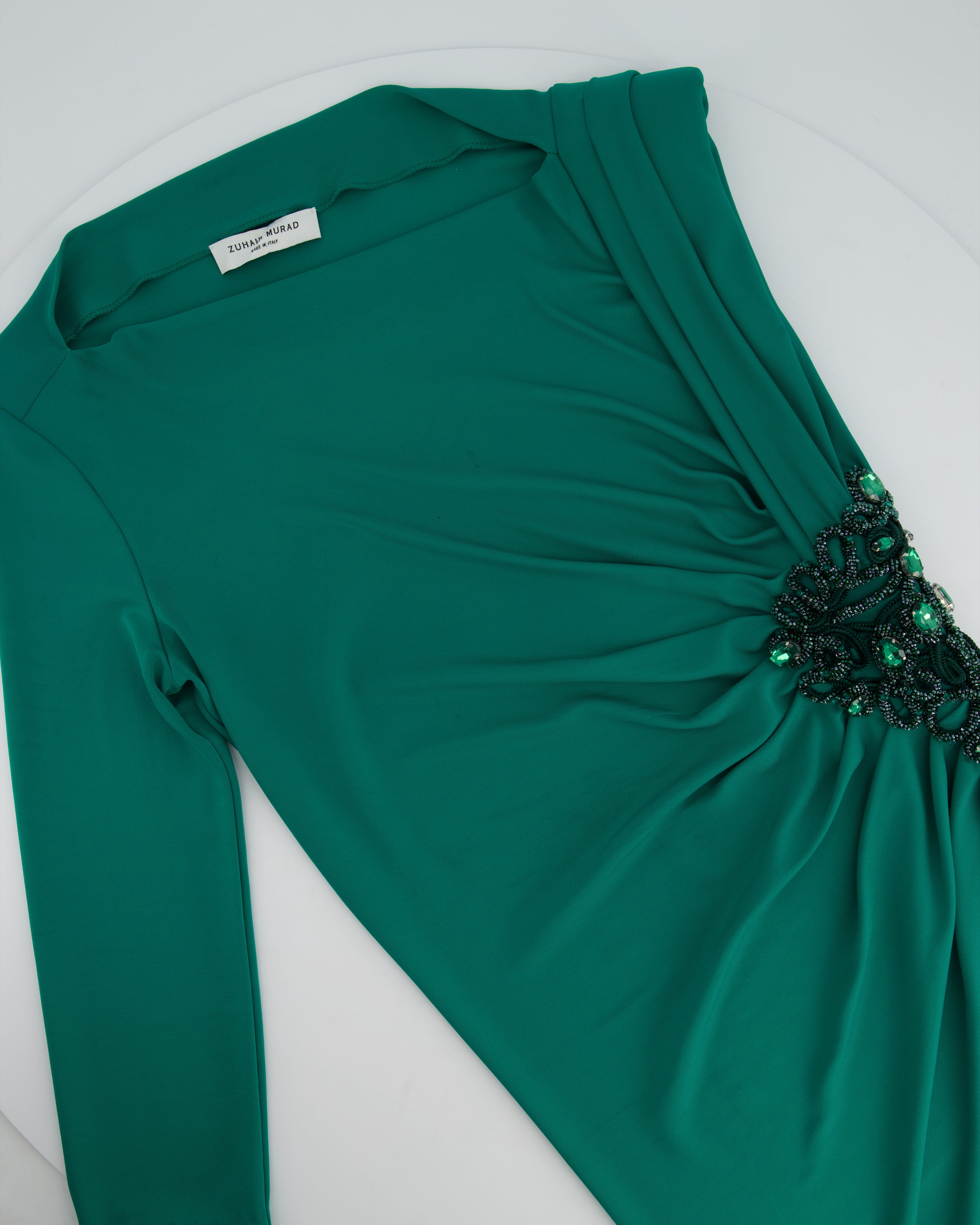 Zuhair Murad Green One-Sleeve Midi Dress with Crystal Embroidery Size IT 46 (UK 14) - Image 5