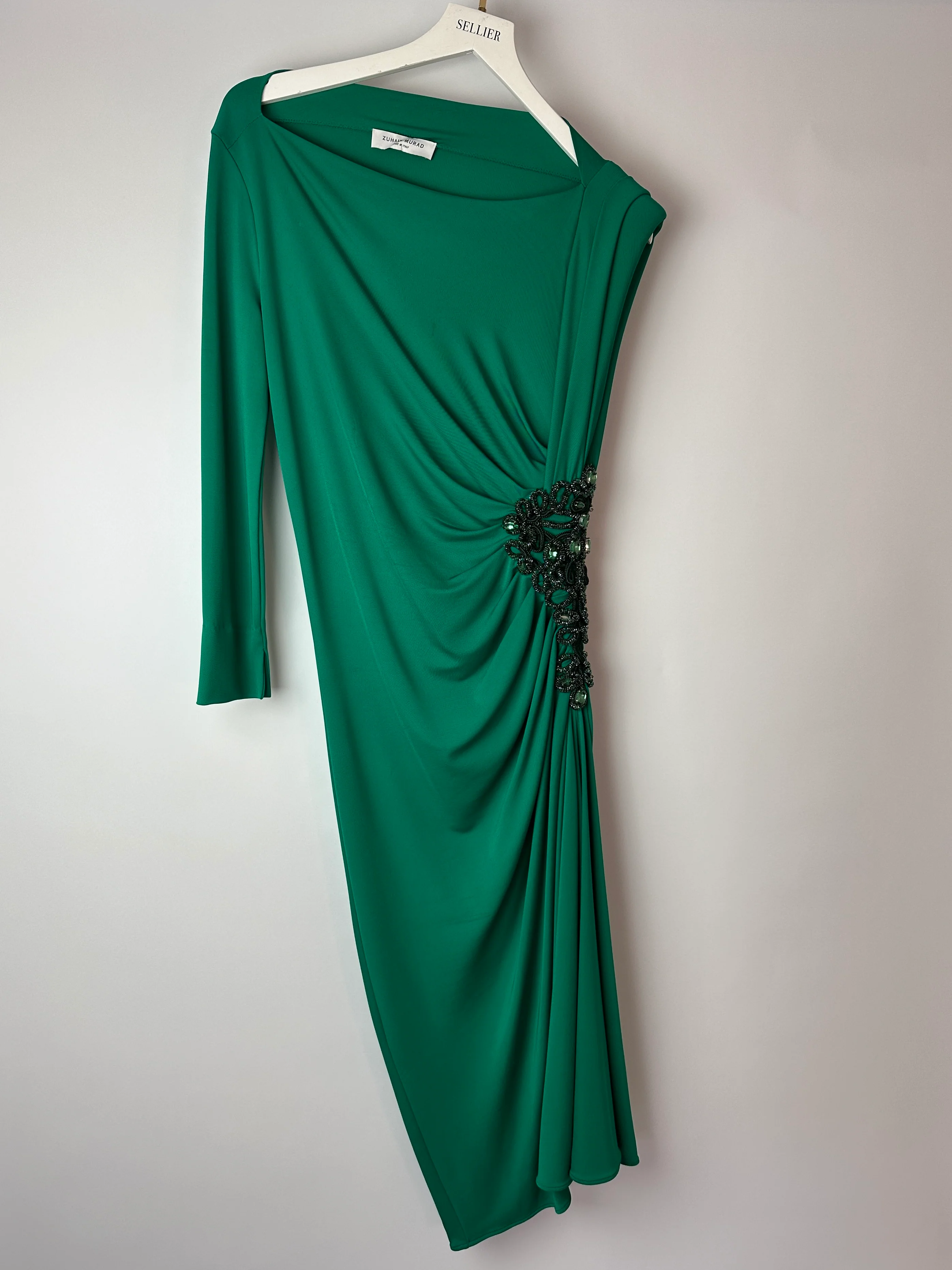 Zuhair Murad Green One-Sleeve Midi Dress with Crystal Embroidery Size IT 46 (UK 14) - Image 8