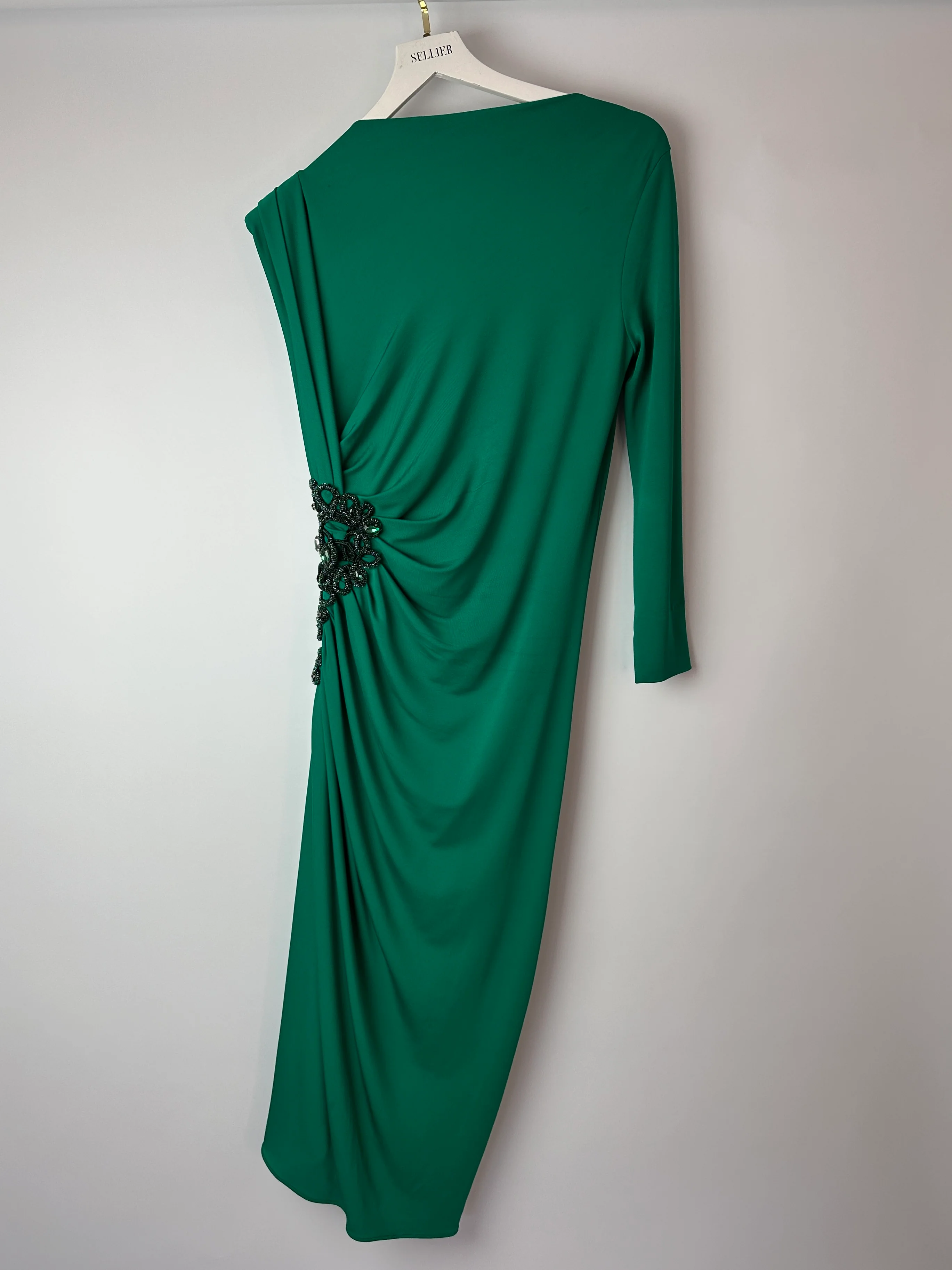 Zuhair Murad Green One-Sleeve Midi Dress with Crystal Embroidery Size IT 46 (UK 14) - Image 9