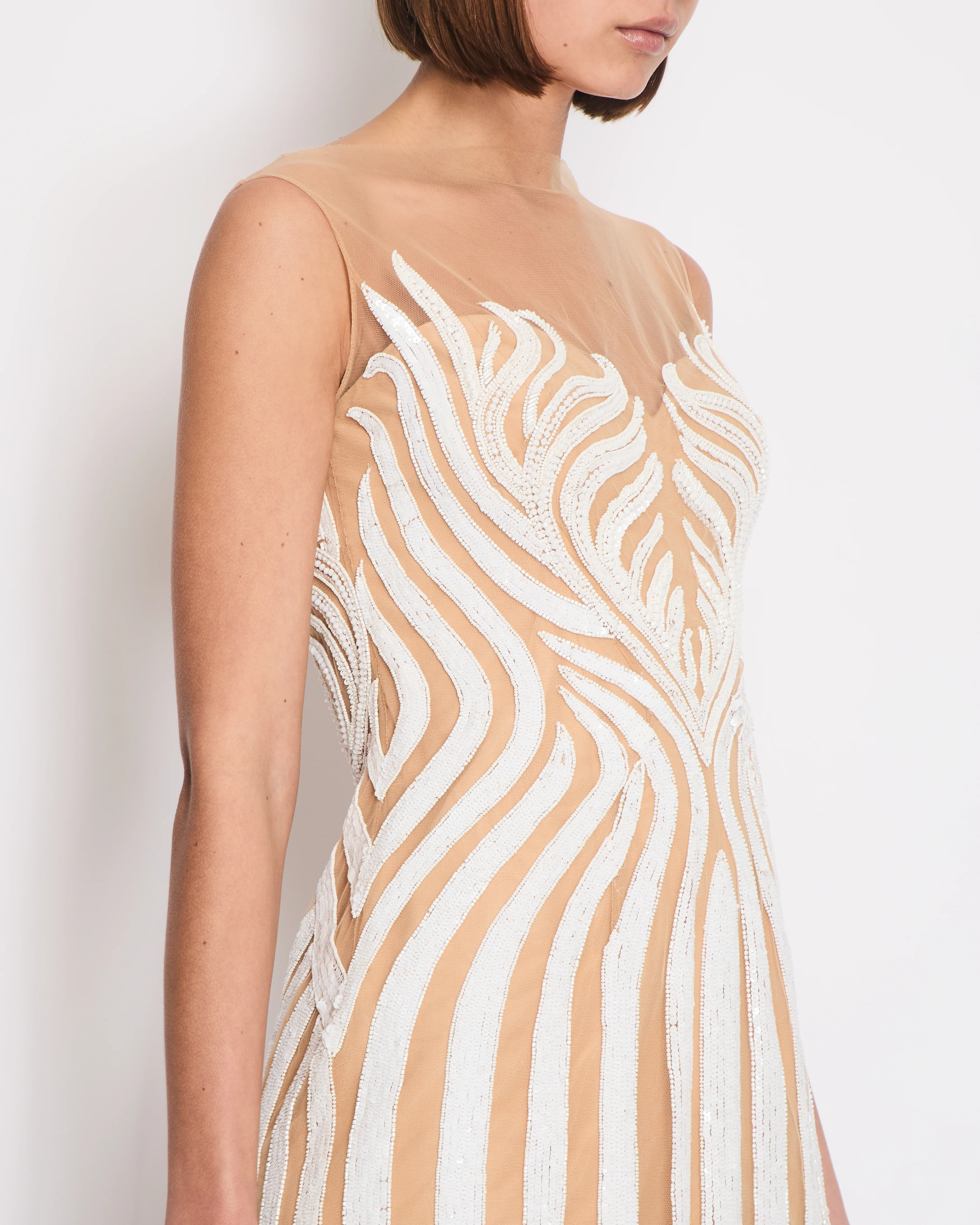 Zuhair Murad White and Beige Sequin Striped Tulle Sleeveless Mini Dress Size IT 42 (UK 10) - Image 2