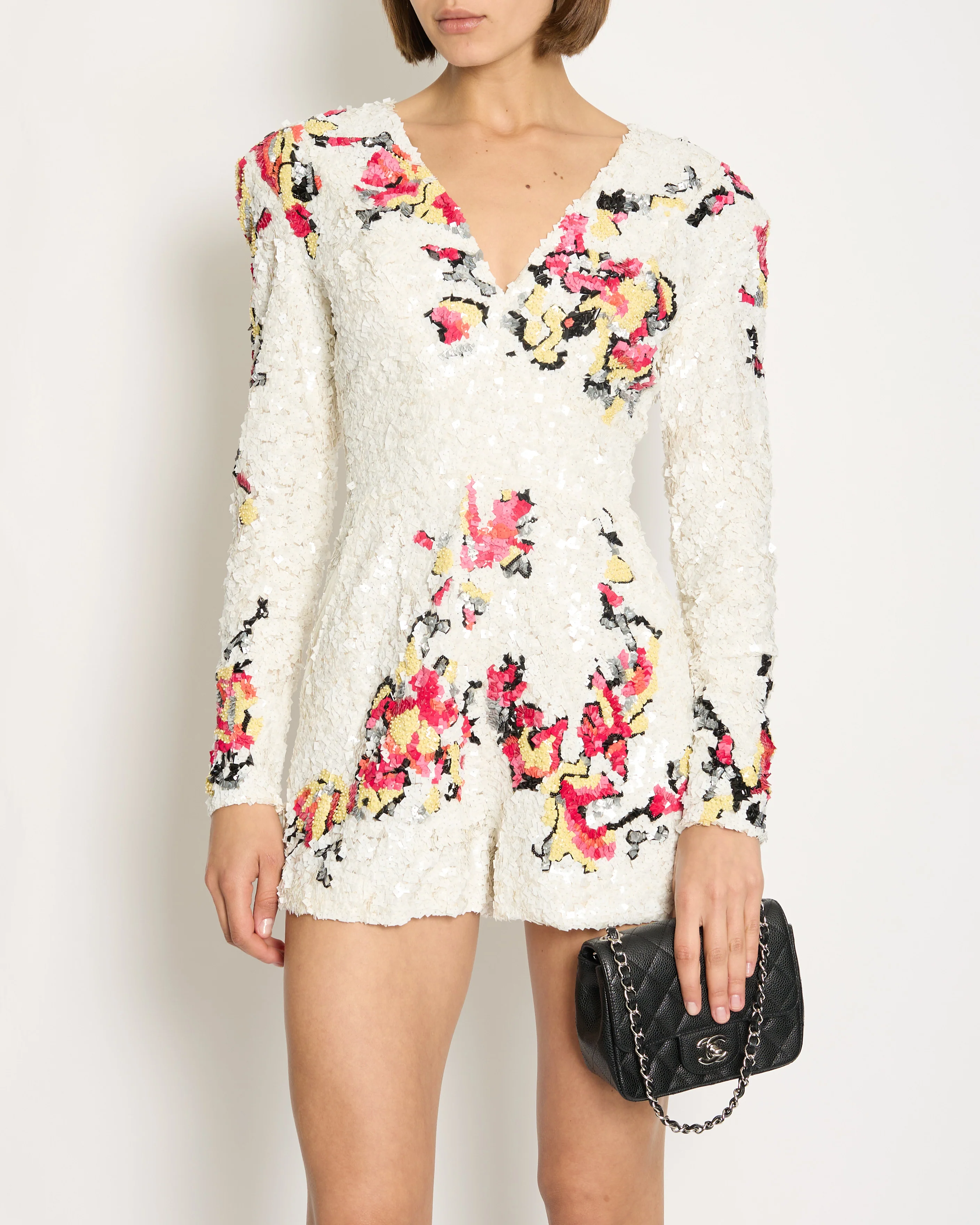 Zuhair Murad White Long-Sleeve Sequin Embellished Playsuit with Abstract Multicolour Details Size IT 42 (UK 10) - Image 2