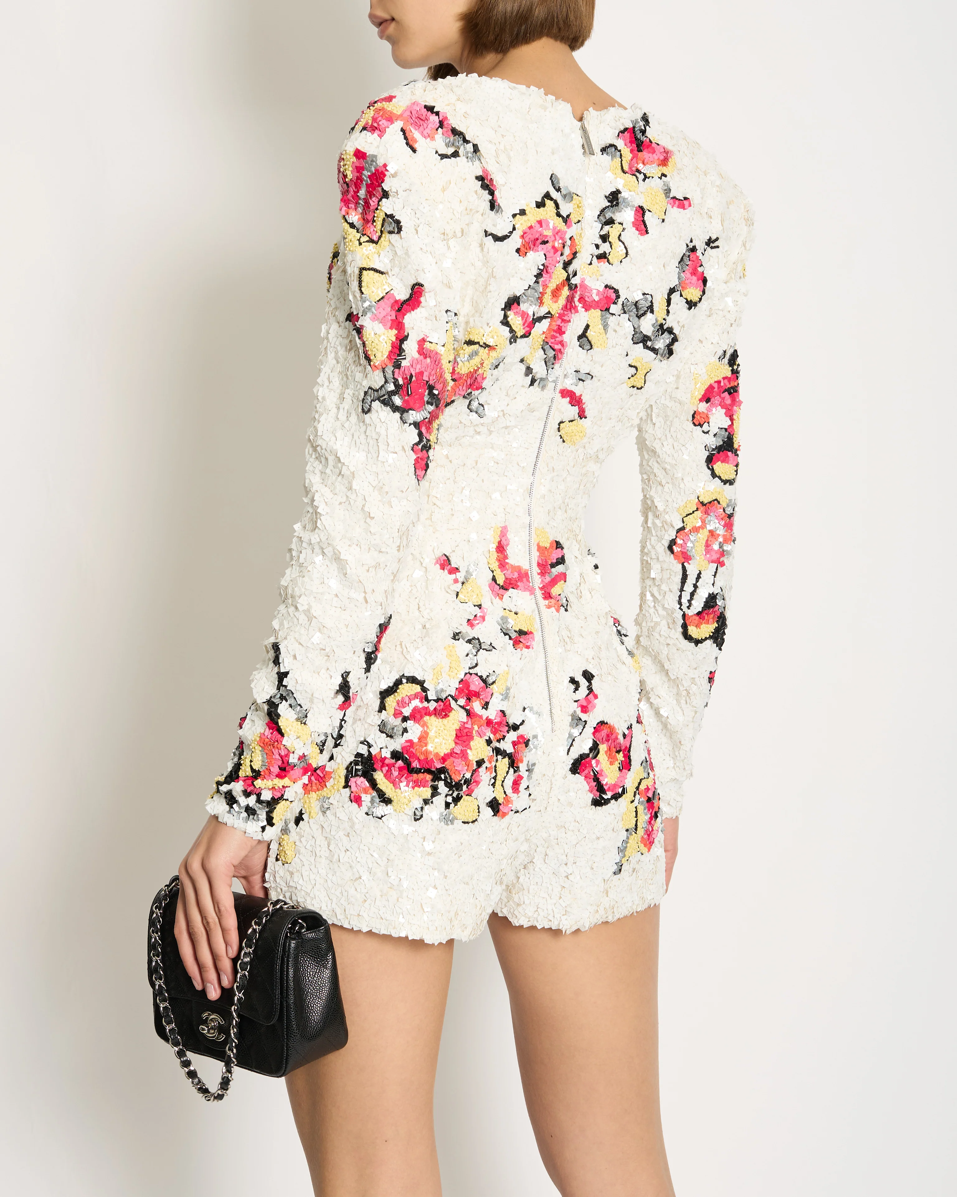 Zuhair Murad White Long-Sleeve Sequin Embellished Playsuit with Abstract Multicolour Details Size IT 42 (UK 10) - Image 3