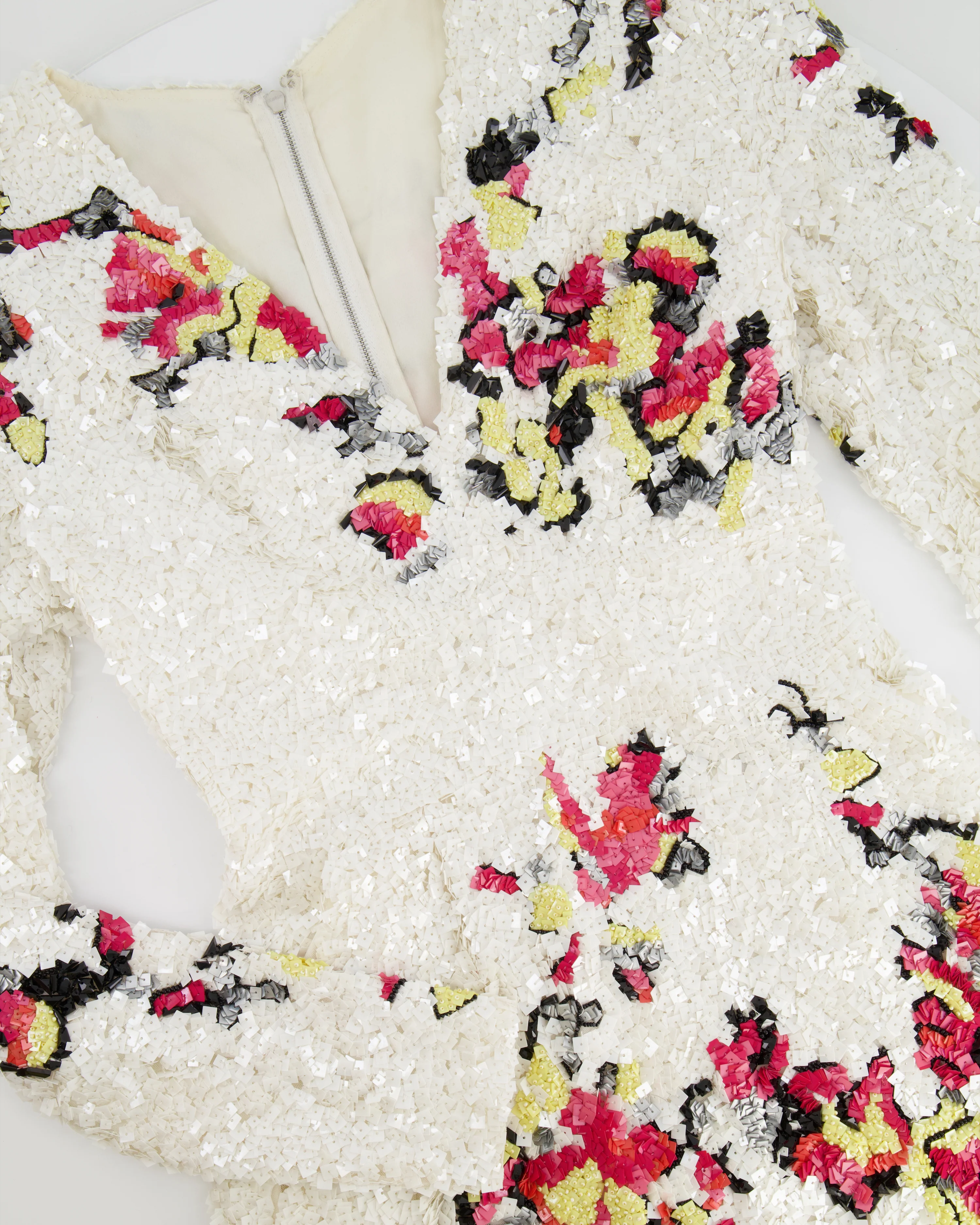 Zuhair Murad White Long-Sleeve Sequin Embellished Playsuit with Abstract Multicolour Details Size IT 42 (UK 10) - Image 5