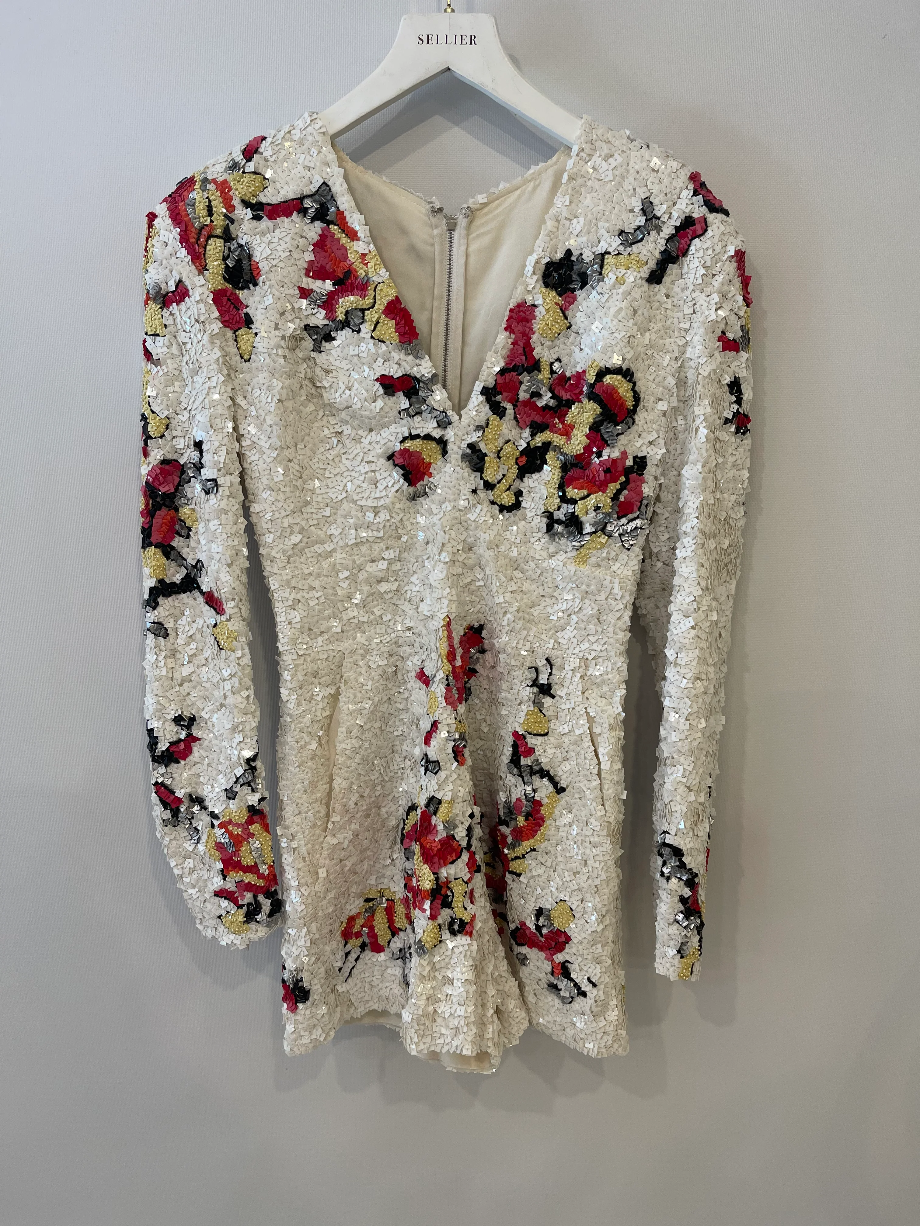 Zuhair Murad White Long-Sleeve Sequin Embellished Playsuit with Abstract Multicolour Details Size IT 42 (UK 10) - Image 8