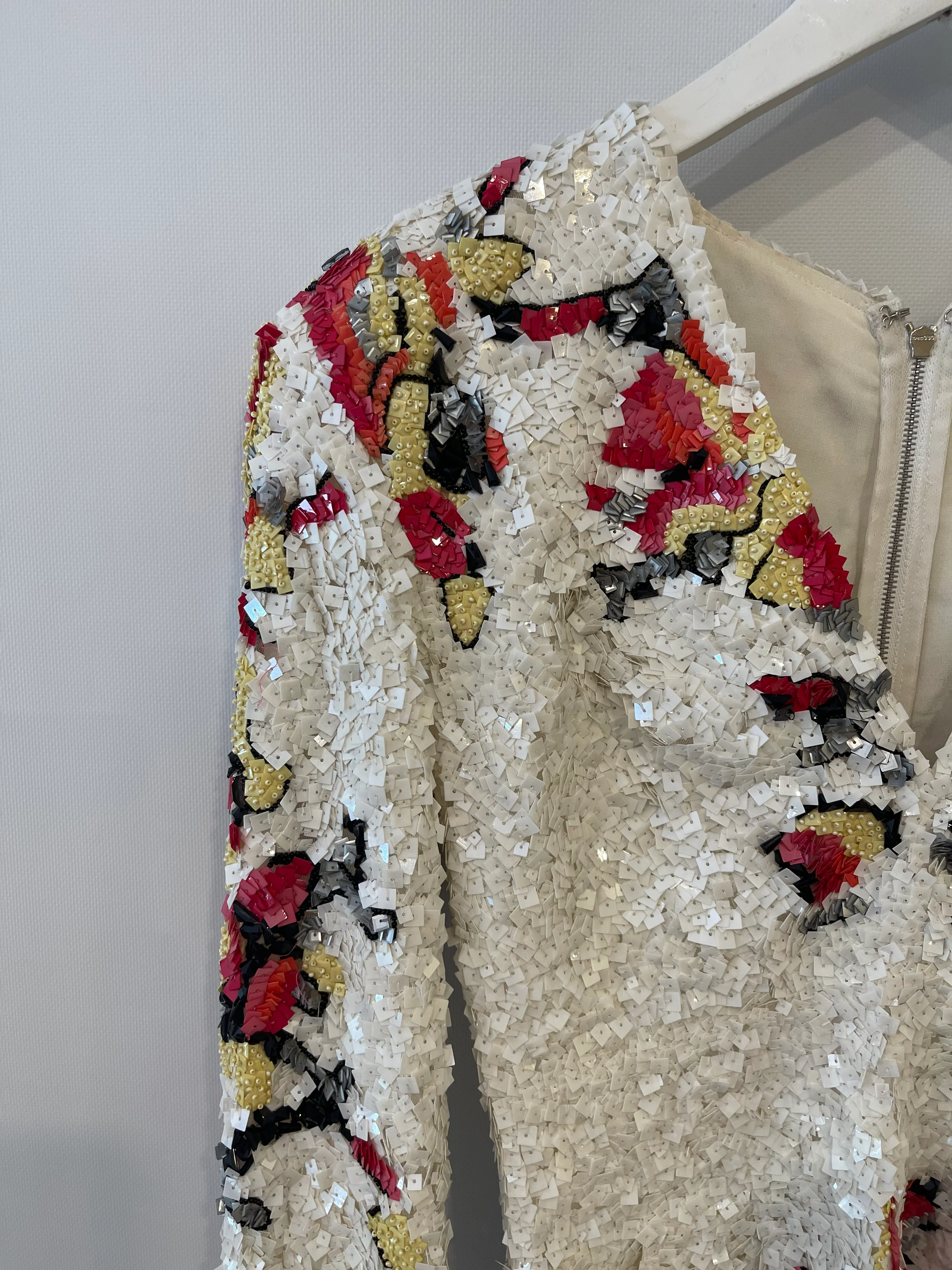 Zuhair Murad White Long-Sleeve Sequin Embellished Playsuit with Abstract Multicolour Details Size IT 42 (UK 10) - Image 9